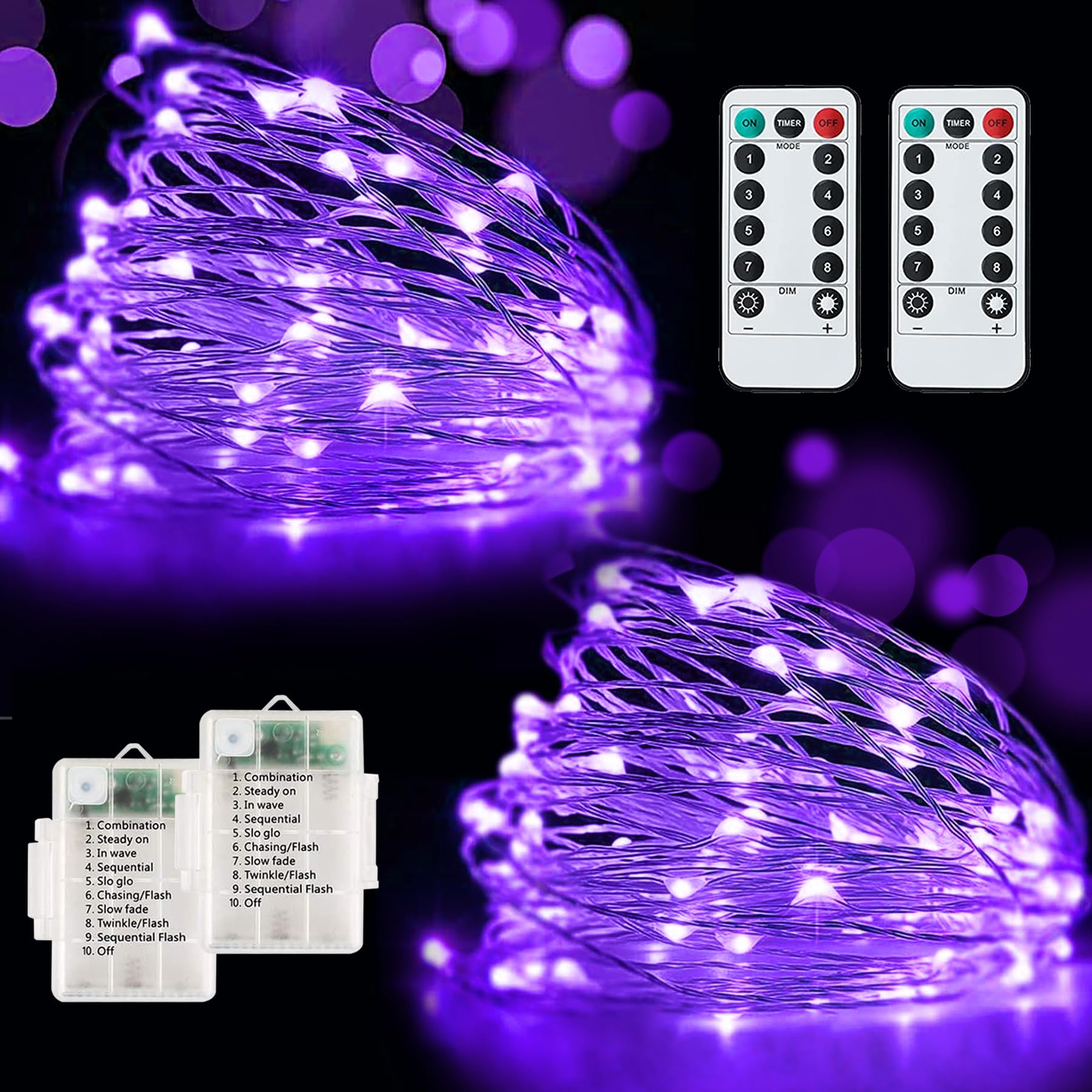 Knayis 2 Pack Fairy Lights Battery Operated,120LED 12M 40FT String Lights with Remote Control,8 Modes Battery Operated Decorative Fairy Lights for Indoor/Outdoor Bedroom,Festival,Christmas(Purple)