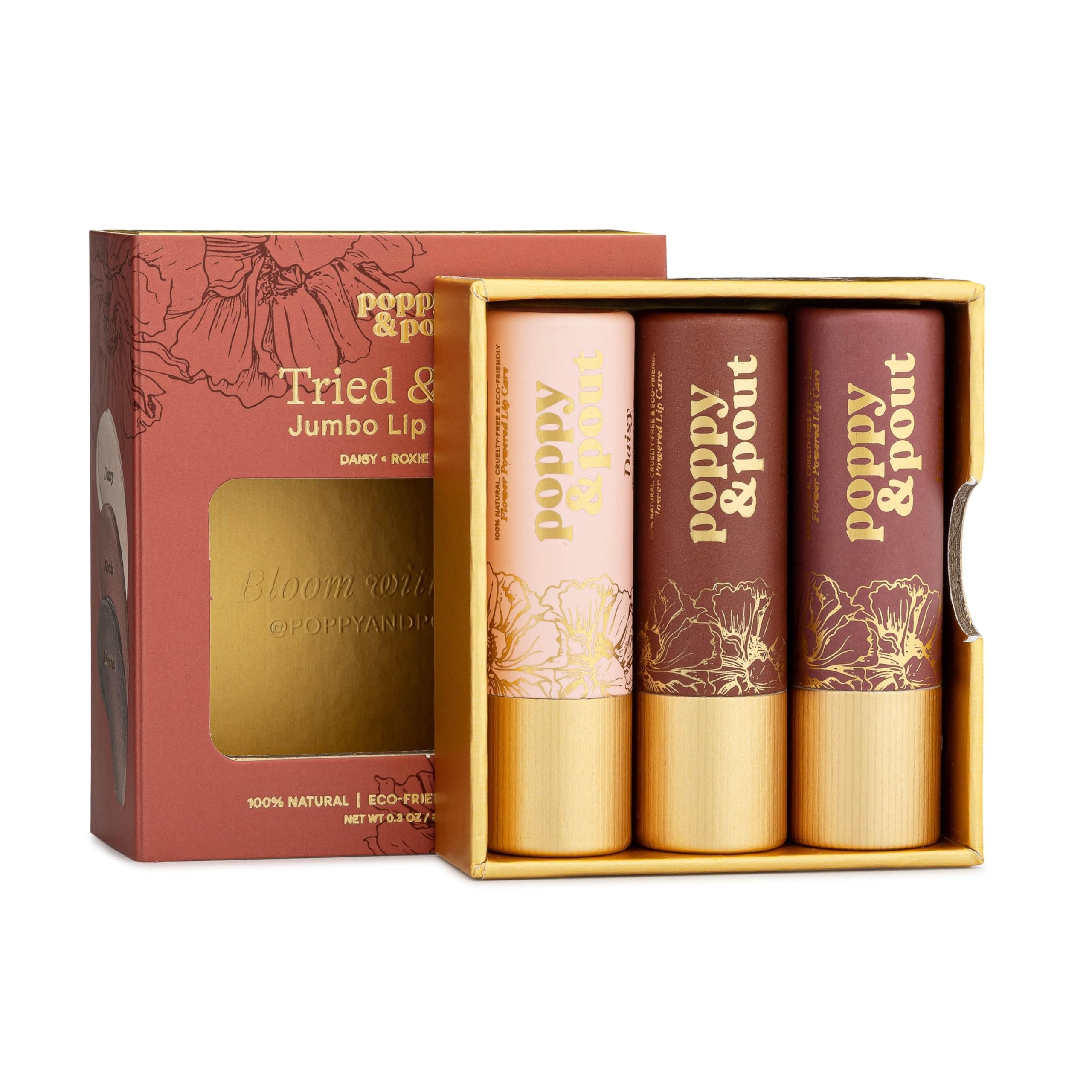 Poppy & Pout All Natural Lip Tints, Sustainable Cardboard Tubes, Hand-filled, Beeswax, Vitamin E, Coconut Oil, Cruelty Free (Tried & True Trio)
