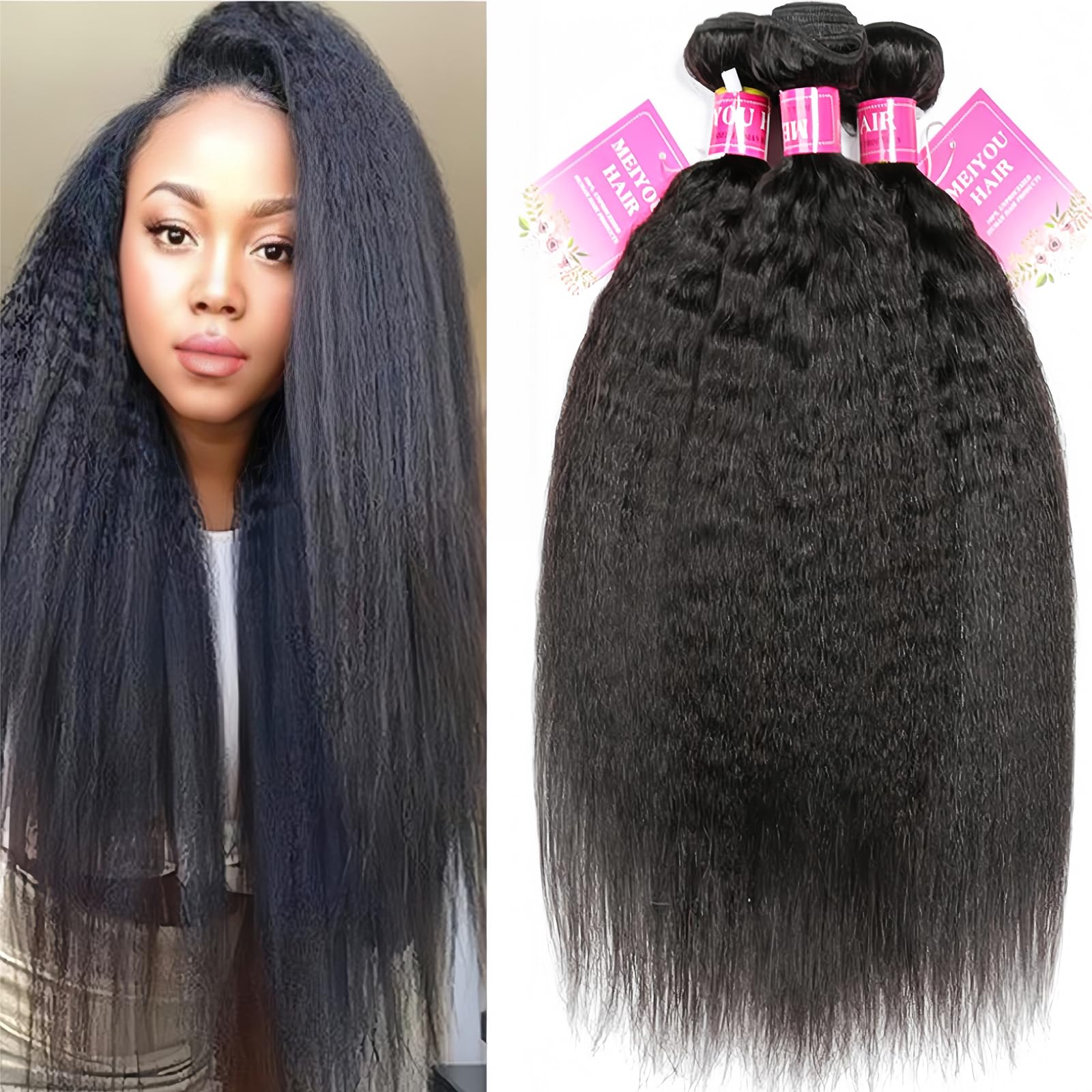 Mei You 8A Kinky Straight Hair 3 Bundles Yaki Human Hair Weave Unprocessed Brazilian Virgin Remy Sew in Hair Extensions Natural Black (16.18.20)