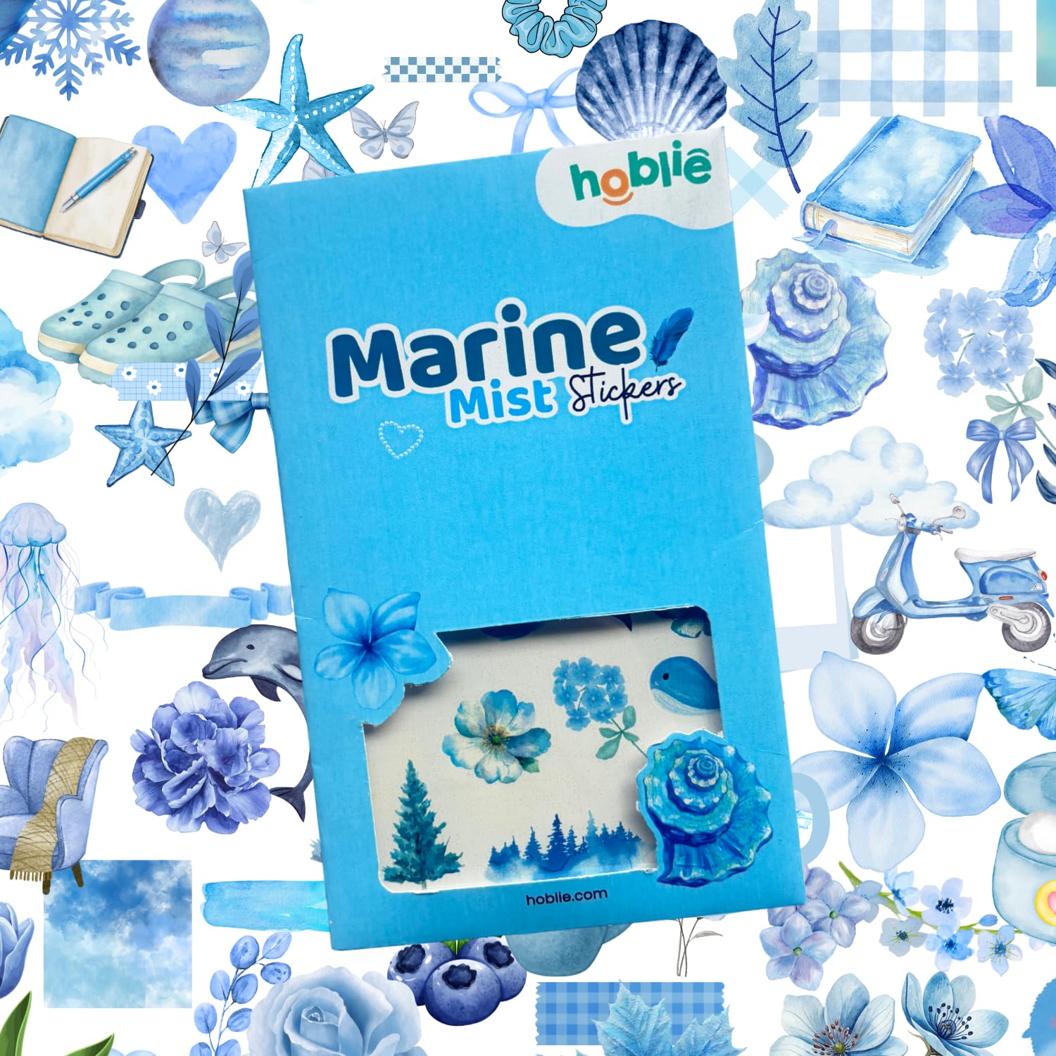 Hoblie Marine Mist Aesthetic Stickers for Luggage Bags, Laptop, Journal, Scrapbook & Stationery - Perfect for Hobbyists & Creative Souls - Pack of 100+ Self-Adhesive Stickers - Blue Theme-image-24
