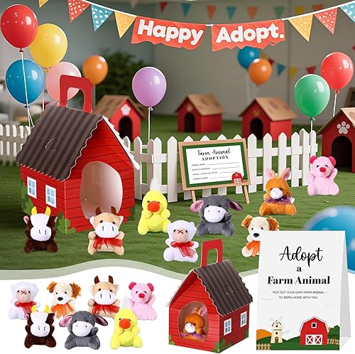 Miniatura 5 de Juego de 73 Piezas de Animales de Granja Recuerdos de Fiesta Mini Juguetes de Granja de Felpa Granero de Cartón Rojo Plegable Tarjetas de Adopción 1
