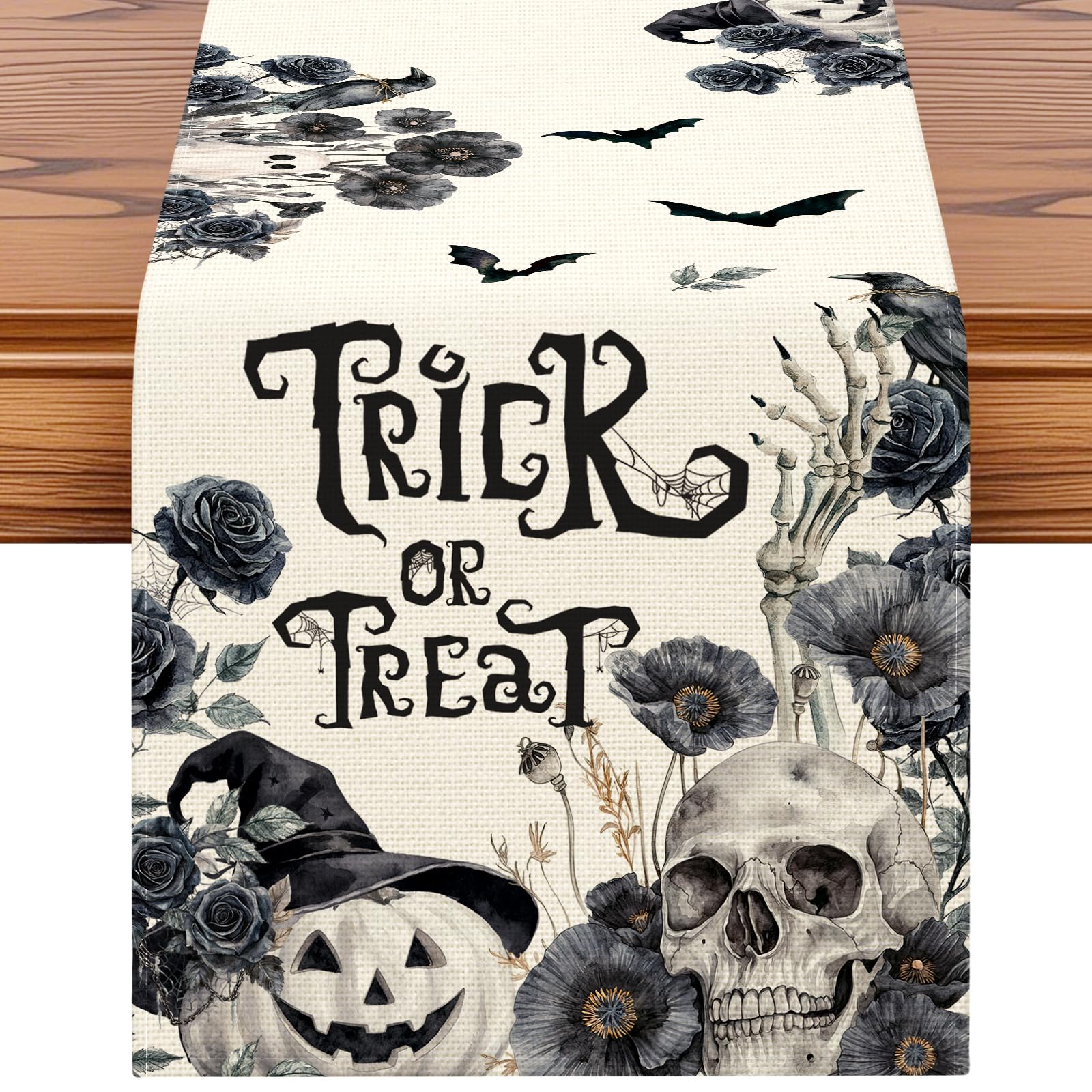 Artscope Black White Table Runner Trick or Treat Halloween Holiday with Pumpkin Skull and Flower Pattern Seasonal Kitchen Dining Table Runner Decoration for Home Fall Party Decor 40x300 cm