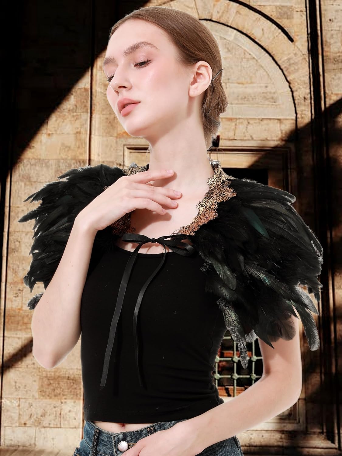 Women Feather Shawl Gothic Lace Cape Halloween Witch Cosplay Costume Carnival - Image 4