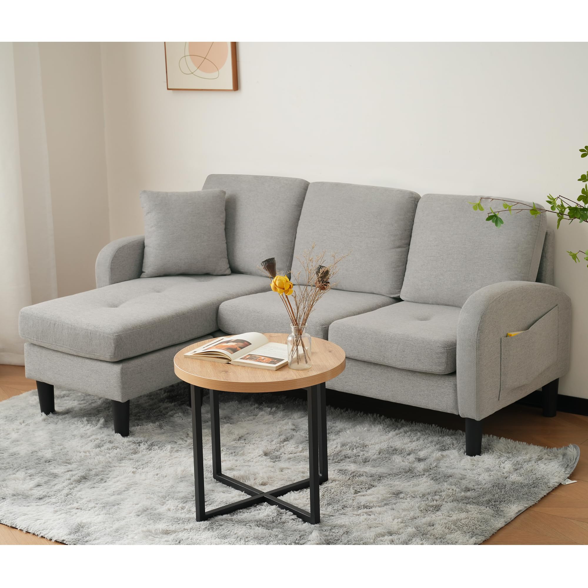 Lexiou Divano angolare a forma di L con chaise longue - Divano a 3 posti, 166 x 118 x 77 cm, tessuto in lino di cotone traspirante, gambe in plastica, design modulare, ideale per soggiorno