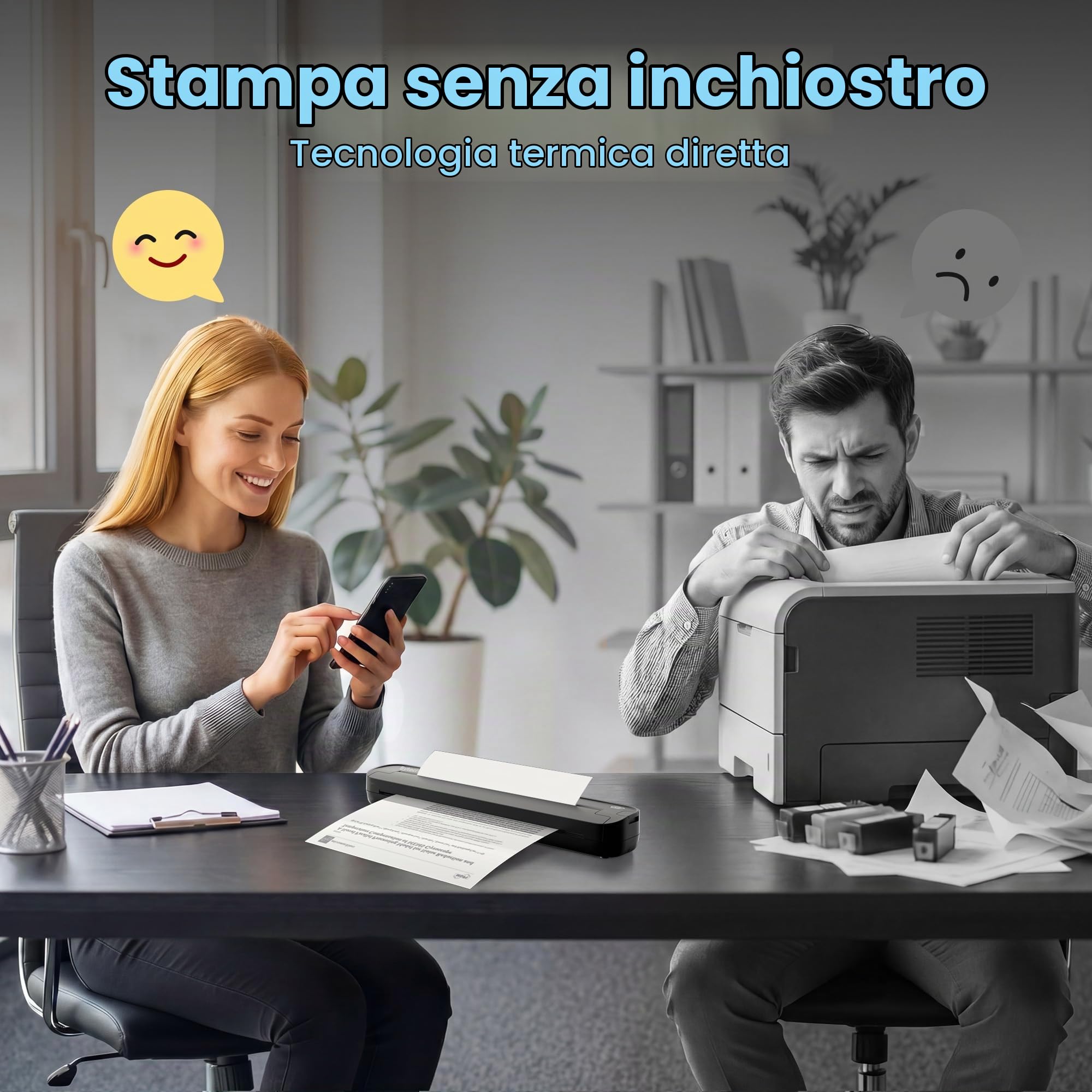Stampante Portatile A4 Senza Inchiostro, Stampante Termica Bluetooth da Viaggio, Compatibile con iPhone Android e PC, per Smart Working, Auto, Stencil Tatuaggi, Nero