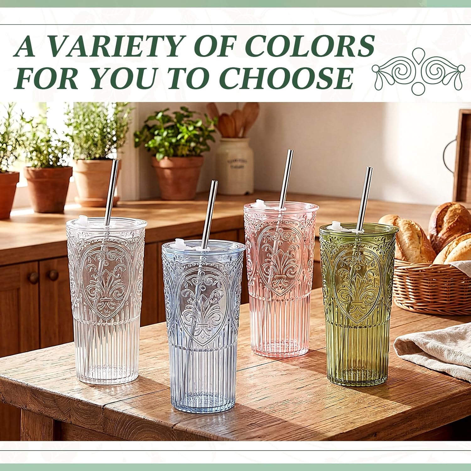 8 Set 20oz Vintage Plastic Tumbler with Lids and Straws Ribbed Floral Drinking Glasses Reusable Iced Coffee Cups for Water Juice Smoothie Cocktail Travel Party Events Gift (Green)