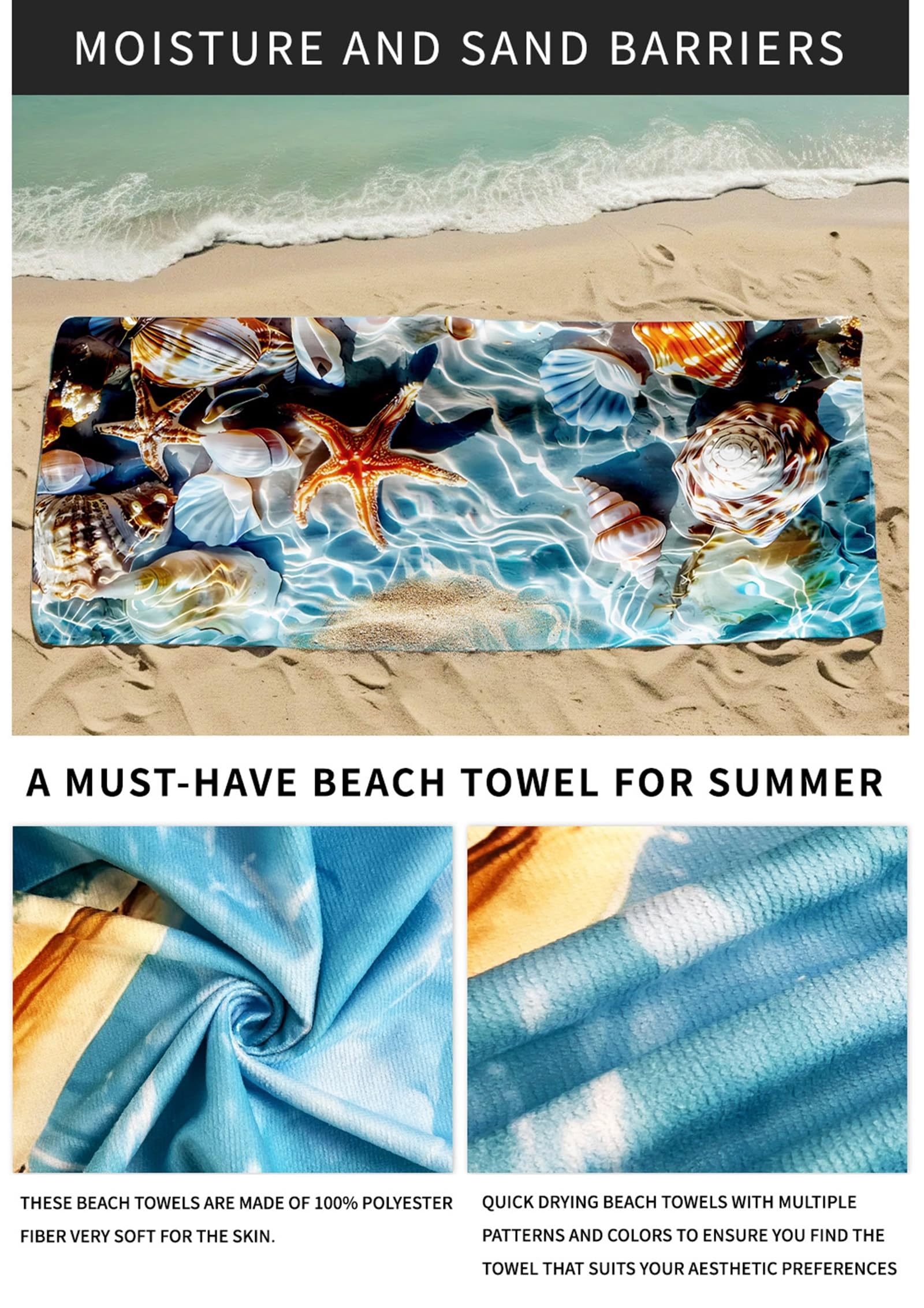 AMDXD Toalla de playa, multicolor, diseño de conchas y estrellas de mar, toalla de playa, microfibra, base de toalla, toalla de ducha para playa/piscina/sillas de playa, 100 x 180 cm