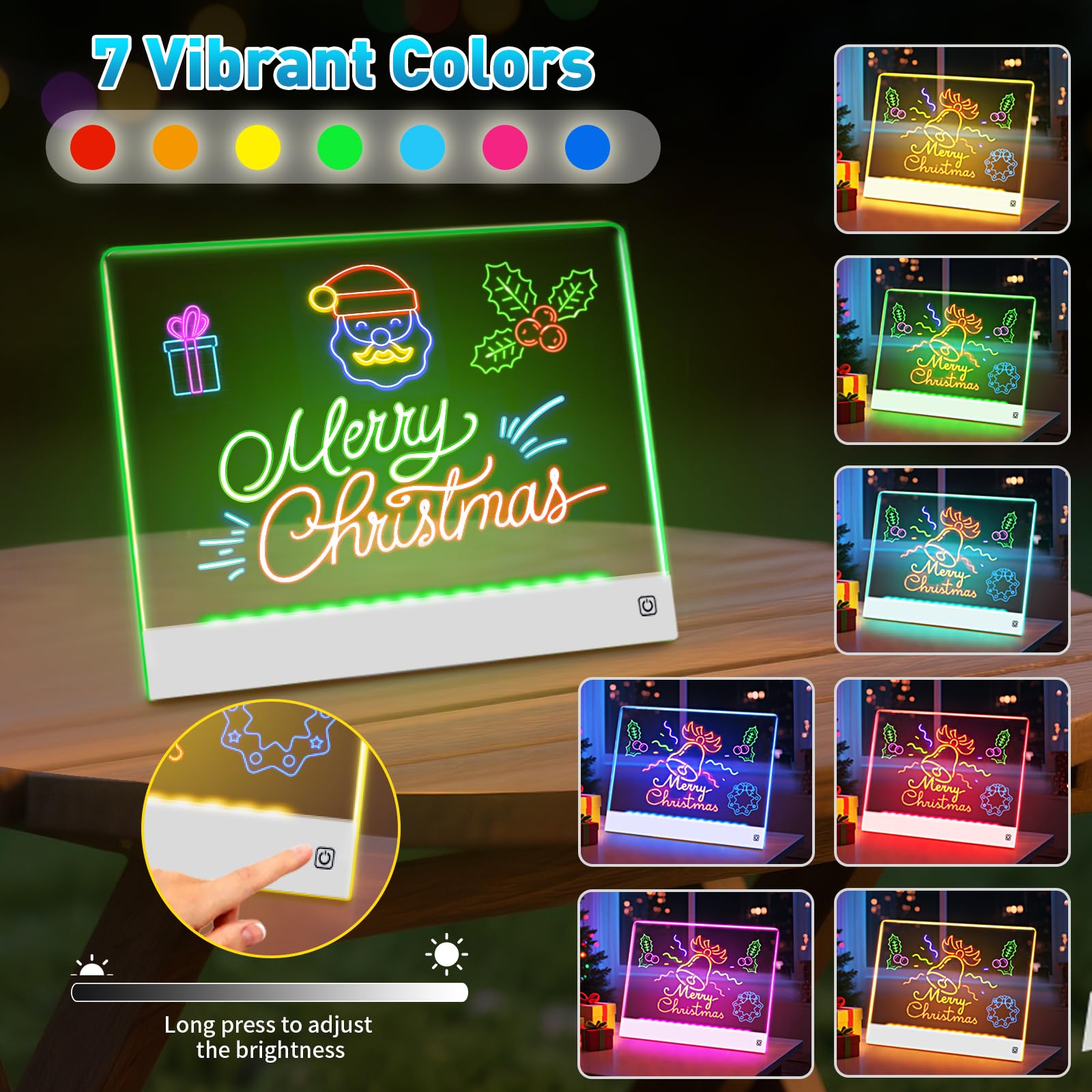 Tablero de notas LED con 7 colores, pizarra de borrado en seco acrílico con luz recargable, tablero de dibujo LED con soporte invisible, tablero de garabatos brillante, regalos de cumpleaños y 3
