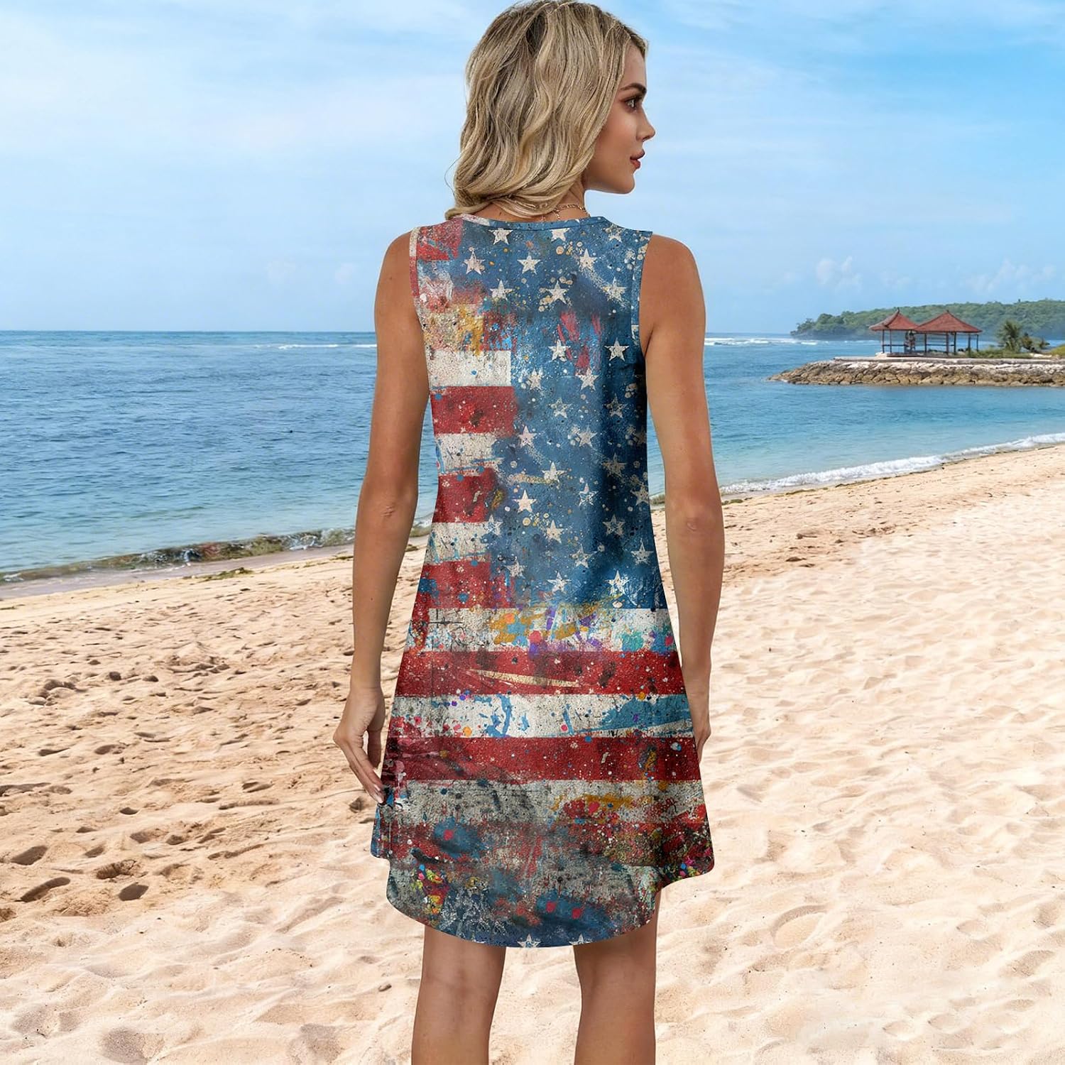 USA americaTh Anniversary Women's Sun Dress USA Flag Graphic Casual T-Shirt Mini Sundresses with Pockets, S-3Xl