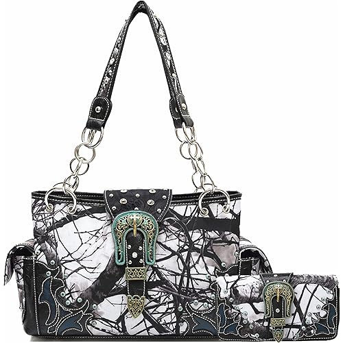 Western Style Camouflage Purse Buckle Tooled Floral Conchos Country Studs Crossbody Handbag For Women Shoulder Bag Wallet Set