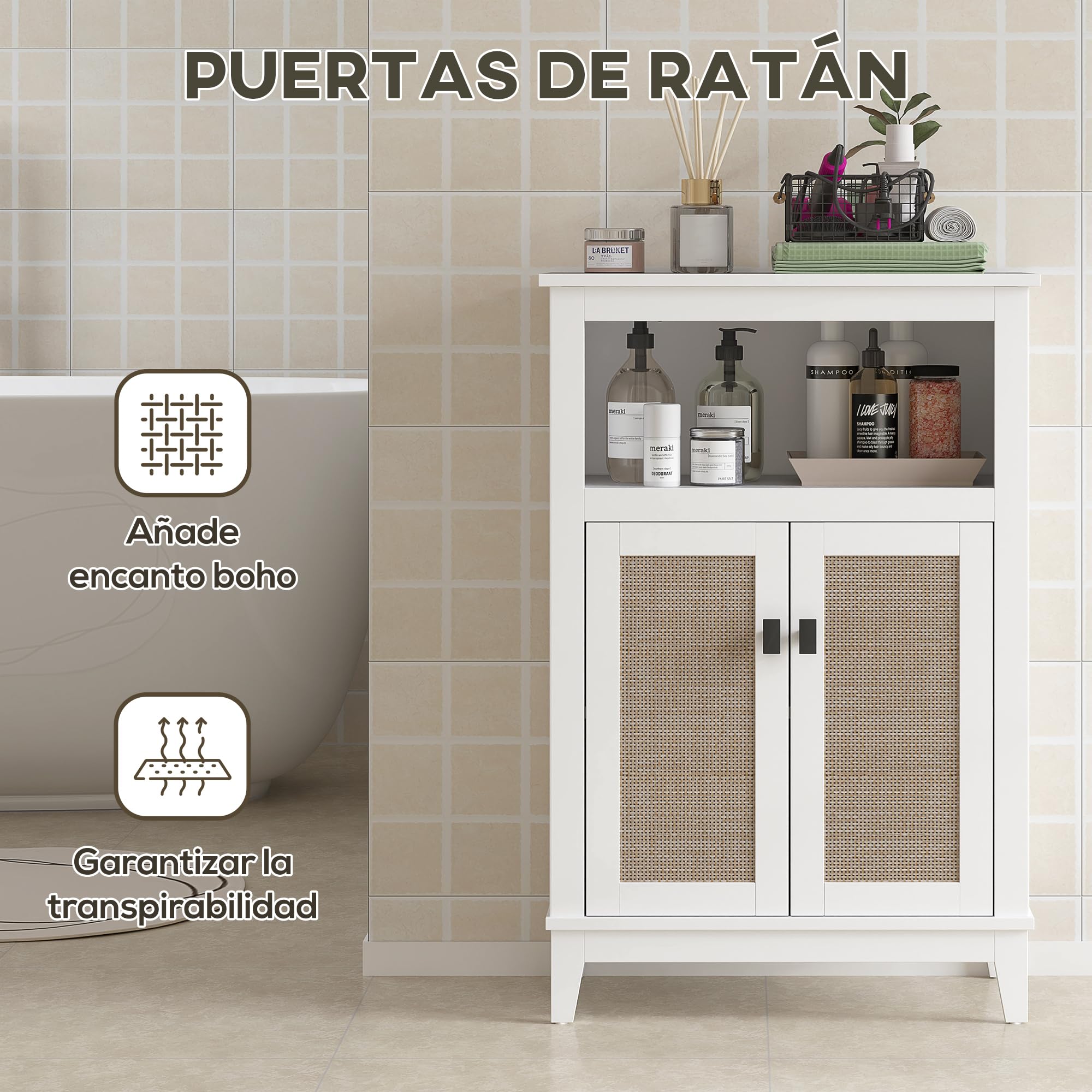 HOMCOM Mueble Auxiliar de Baño con Frontal de Ratán Armario de Baño con 2 Puertas Compartimento Abierto Estante Ajustable 60x30x90 cm Blanco