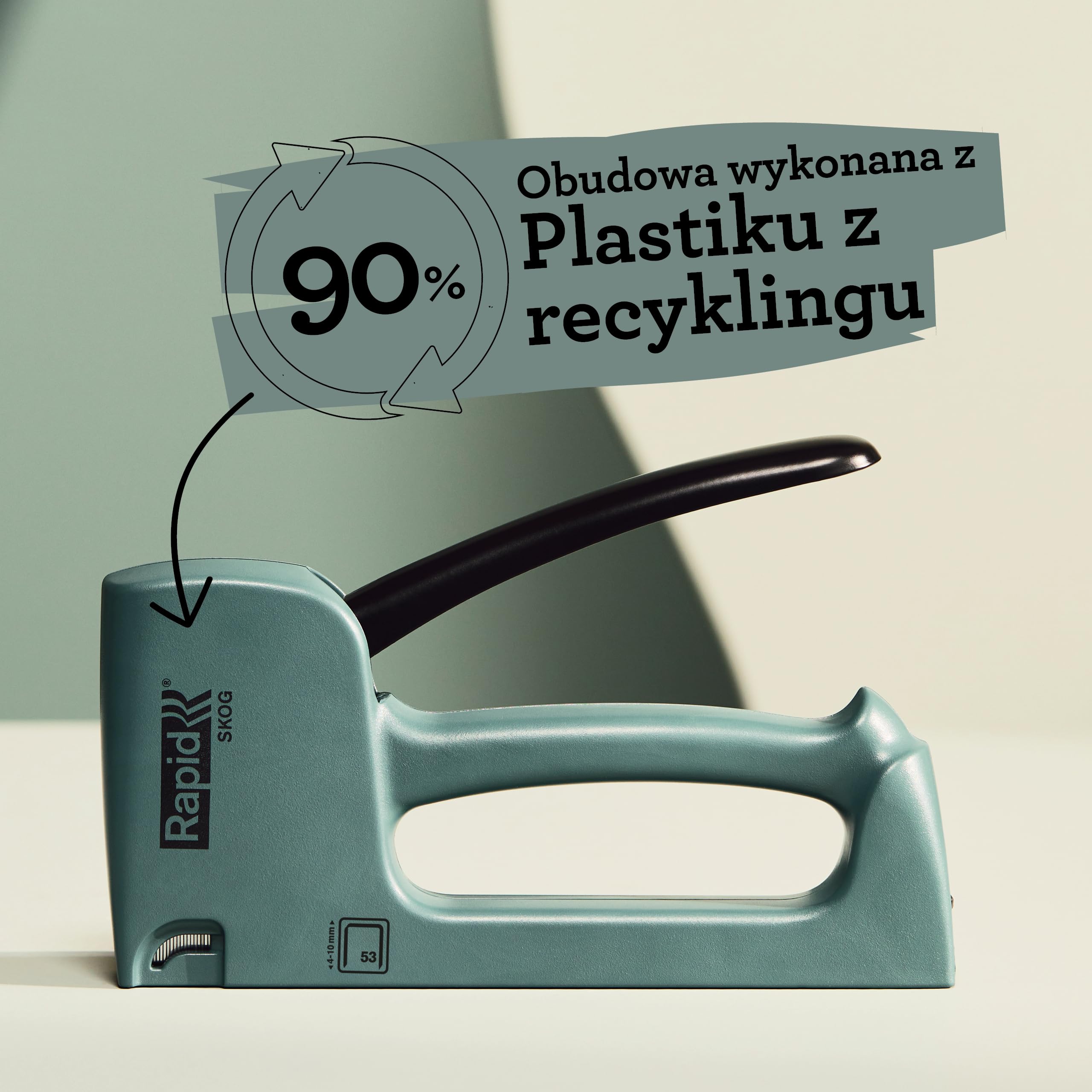 Rapid, Zszywacz Ręczny Rapid R53E Skog do Zszywek Nr 53 (4–10 mm), Wewnętrzne Zużywalne Części ze Stali, Plastik w 90% Pochodzący z Recyklingu, Wyprodukowany w Szwecji, Kolor Zielony