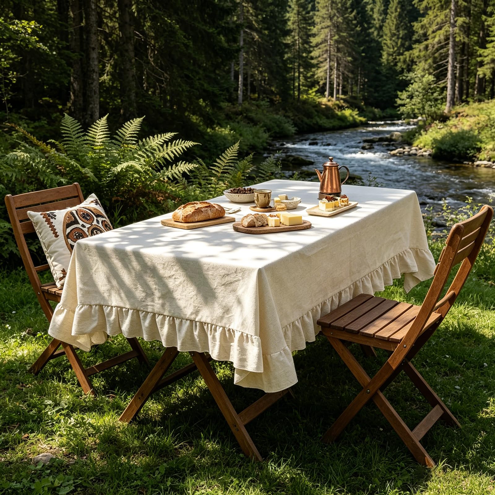 Aeici Nappe de Jardin Beige 140x260 cm, Grande Nappe en Lin à Volants | Couverture de table rectangulaire résistante et anti-poussière. Idéale pour grandes tables de terrasse et fêtes.
