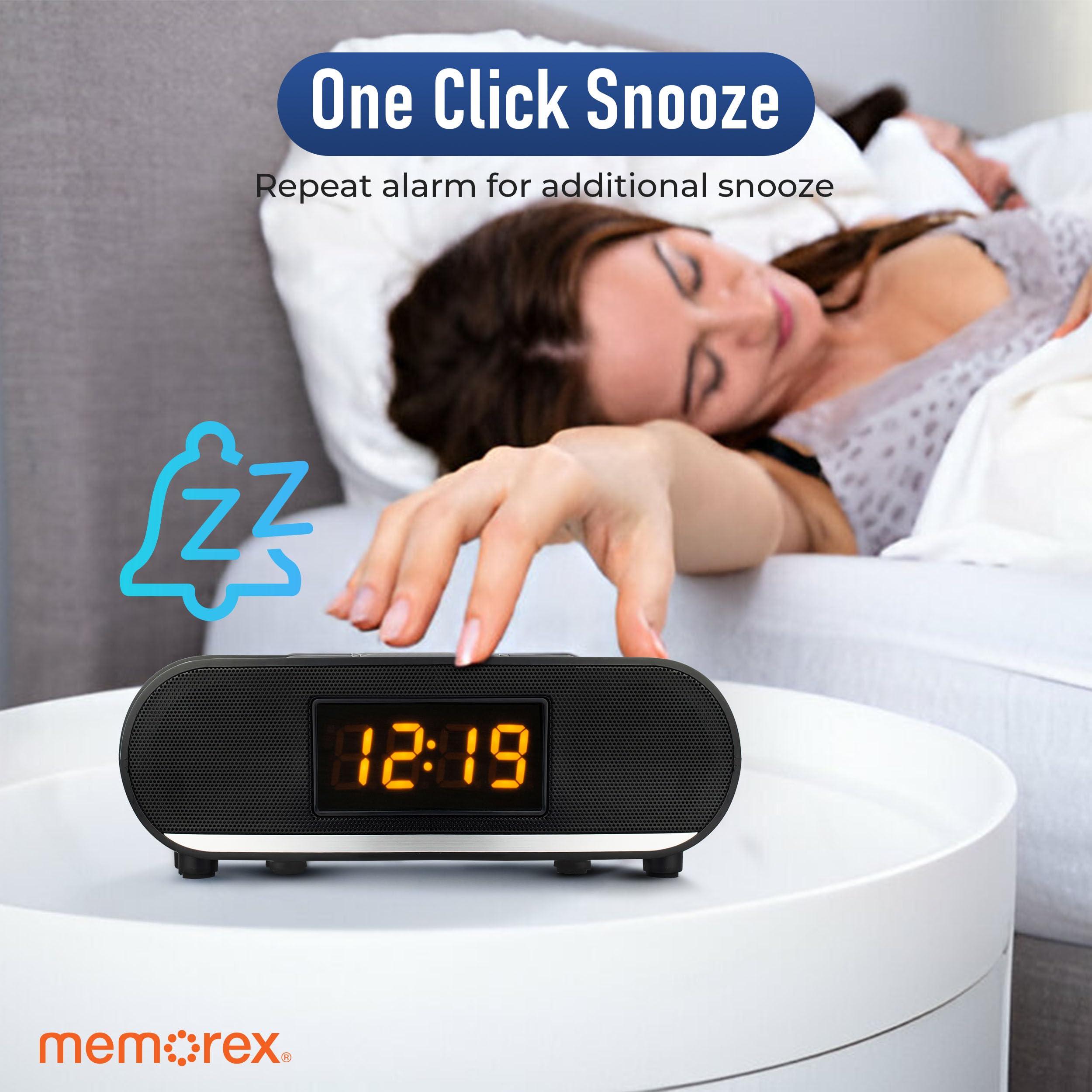 Memorex MX-CR160 - Radio reloj Bluetooth con carga USB, radio FM PLL con 20 preajustes, alarma dual, repetición, temporizador de sueño, pantalla LED de 0.9 pulgadas, respaldo de batería, reloj