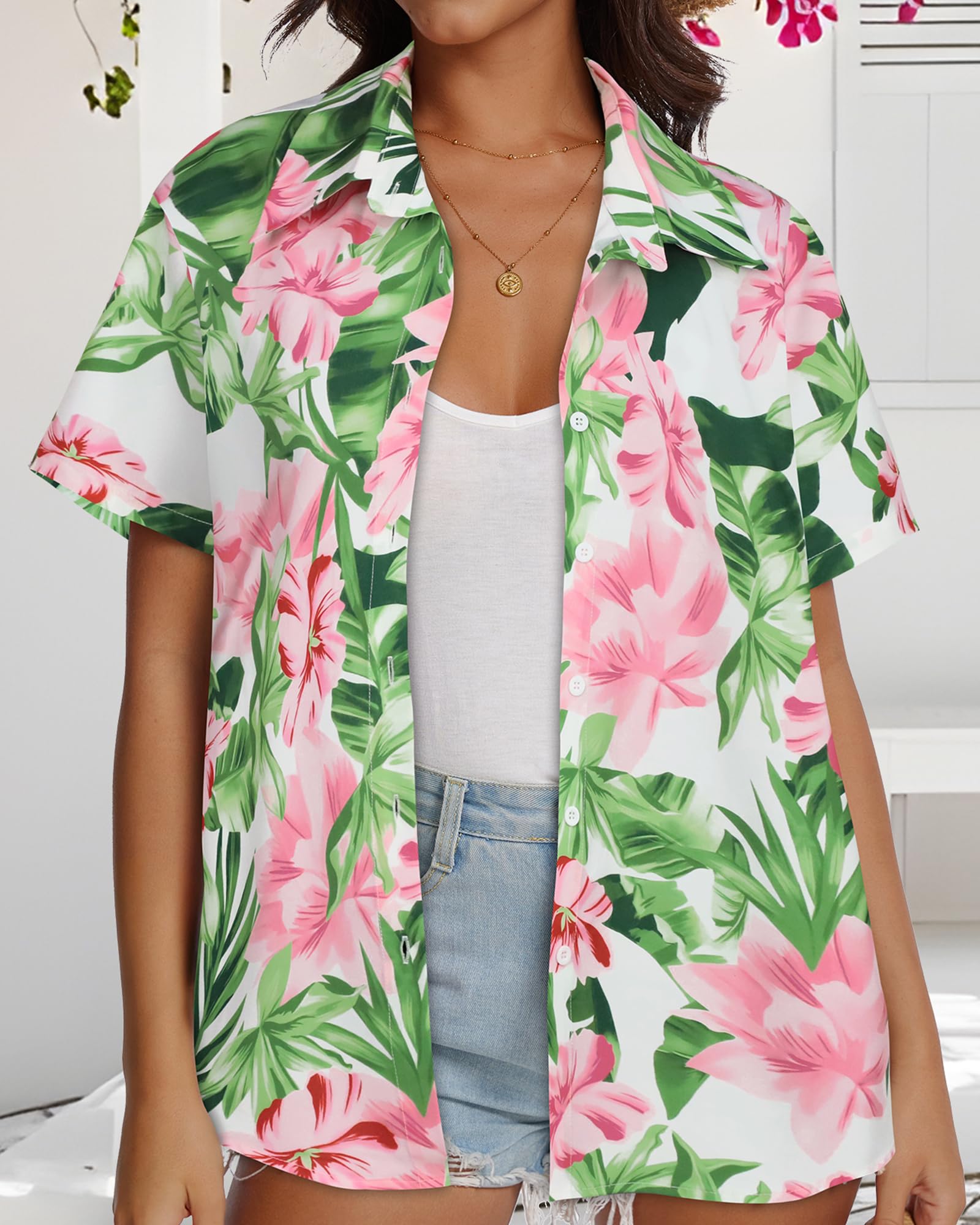 Gosunny Camicia hawaiana da donna, estiva, tropicale, hawaiana, floreale, a maniche corte, da spiaggia, con bottoni