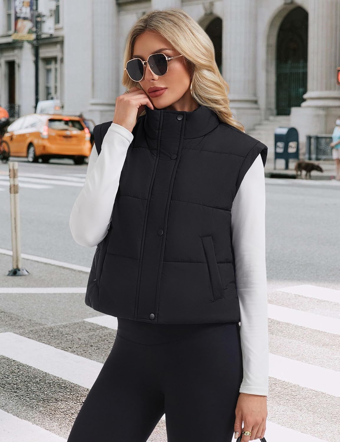 YUCOLEN Womens Puffer Vest Sleeveless Lightweigh Cropped Vests Button Zip Up Winter Warm Outerwear Stand Collar Trendy Coat - Image 2