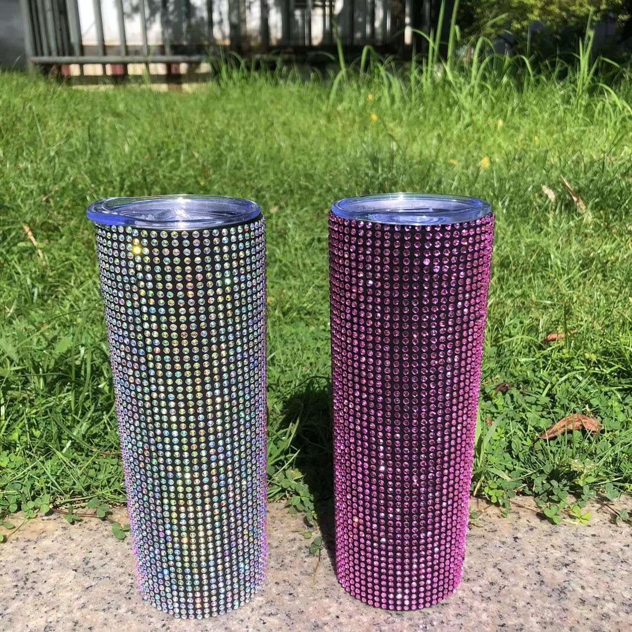 Bling Cups Rhinestones Tumbler Glitter Water Bottle 20 oz Stainless Steel Bling Tumbler with Lid for Women Coffee Tea -Pink