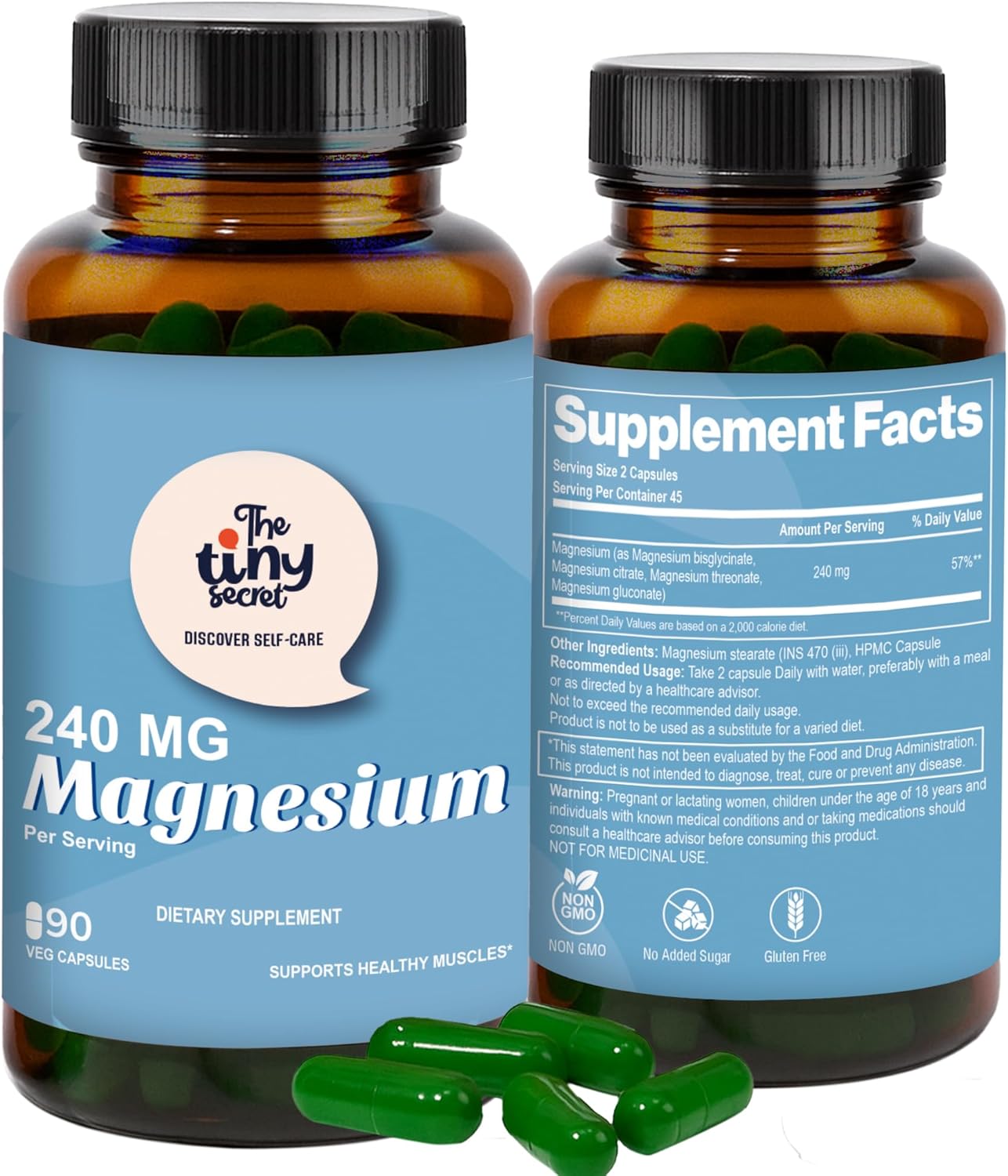 Magnesium 240mg – Supports Healthy Muscles with Magnesium Stearate (INS 470iii), HPMC Capsule | Non-GMO, Gluten-Free, No Added Sugar - 90 Veg Capsules