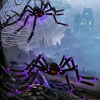 OurWarm 2 Pack Halloween Spider Decorations Outdoor, 5ft & 4ft Giant Spider Halloween Decorations with Purple LEDs, Scary Large Spider Decorations for Halloween Outdoor Props Haunted House Yard Decor