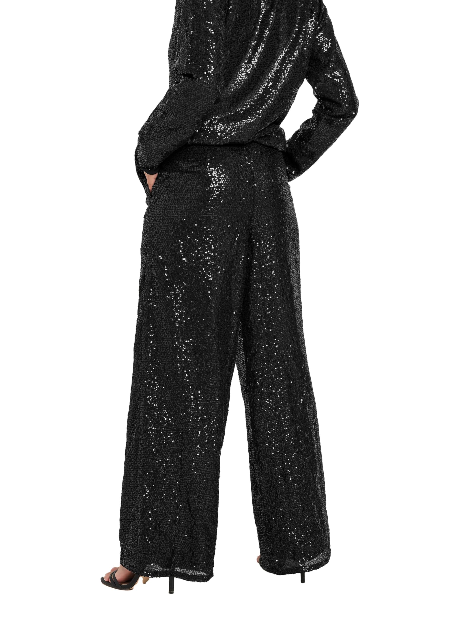 Pixiegirl Women's Black Petite Sequin Embellished Wide Leg Trousers Petite