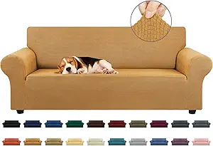 KEKUOU Stretch Sofa Cover Slipcover ,Couch Covers for 3 Cushion Couch Sofa pet Friendly (78"-94") Furniture Protector Sofa with Elastic Bottom for Kids,Dog, Jacquard Small Checked(Large,Golden)