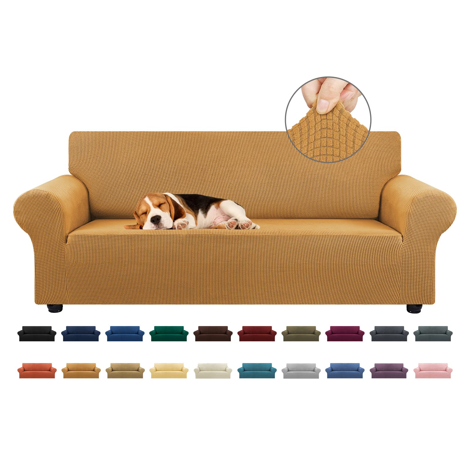KEKUOU Stretch Sofa Cover Slipcover ，Couch Covers for 3 Cushion Couch Sofa (79"-94") Furniture Protector 3 Seater Sofa with Elastic Bottom for Kids,Dog, Jacquard Small Checked(Large,Golden)