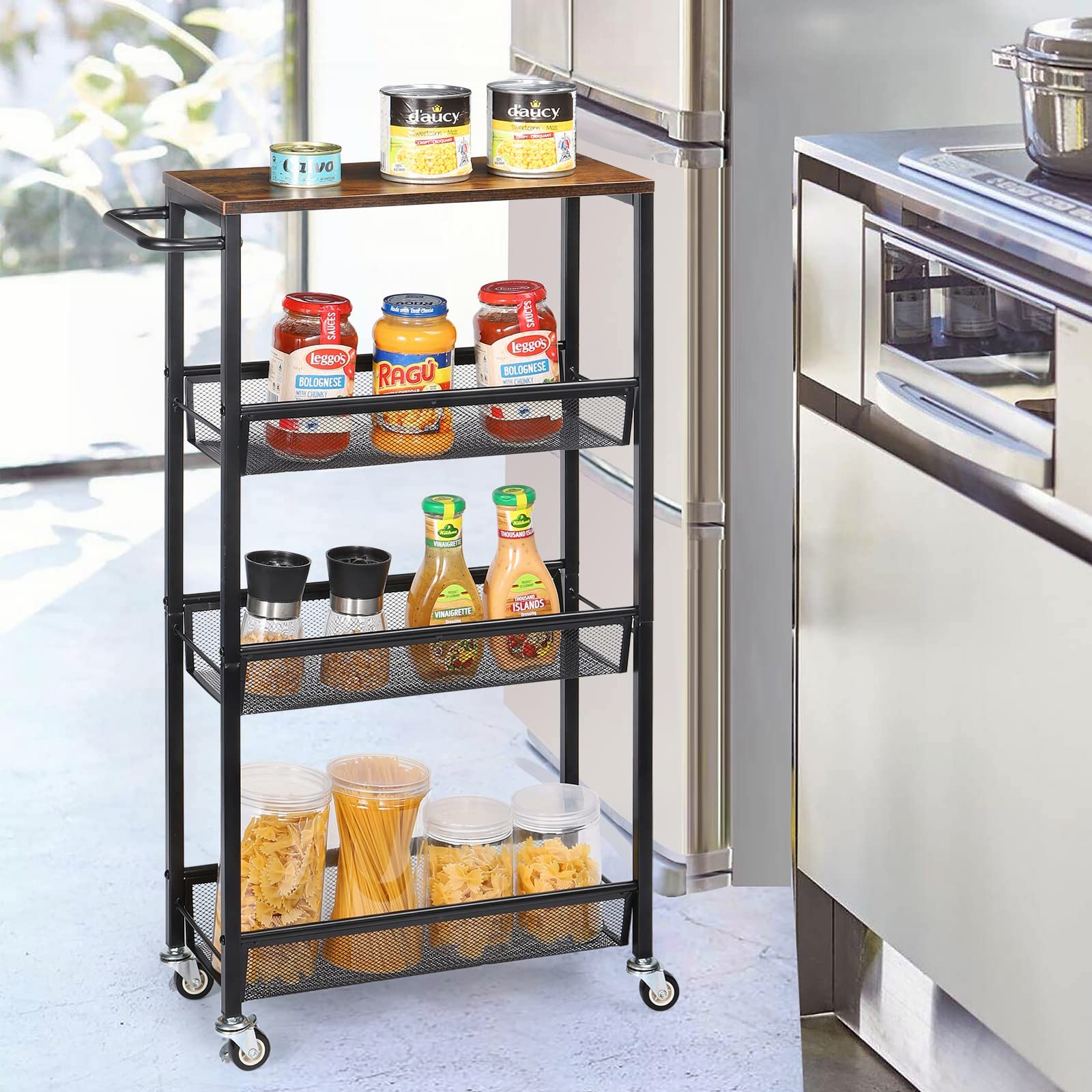 LIANTRAL Carrito de Rodillos 4 Plantas, Carrito de Cocina Estrecho, estantería de nicho en Ruedas con Mesa de Madera Adecuado para Cocina, baño, Oficina para Ahorrar Espacio, Retro marrón y Negro