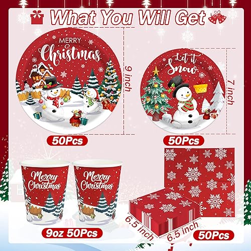 Miniatura 2 de 200 piezas de suministros de fiesta de Navidad, juego de vajilla desechable de copos de nieve de muñeco de nieve, platos de fiesta de Navidad y