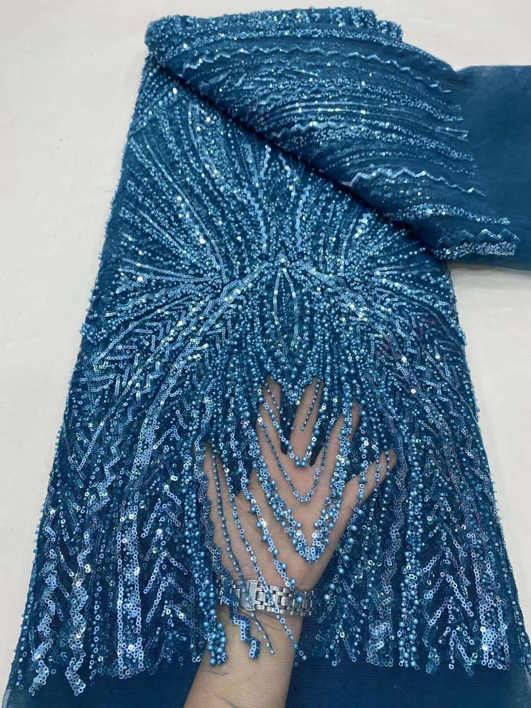 Exquisite Tulle Lace French Sequins Beads Embroidery Fabric for Wedding Sewing (5 Yards,Sky Blue)