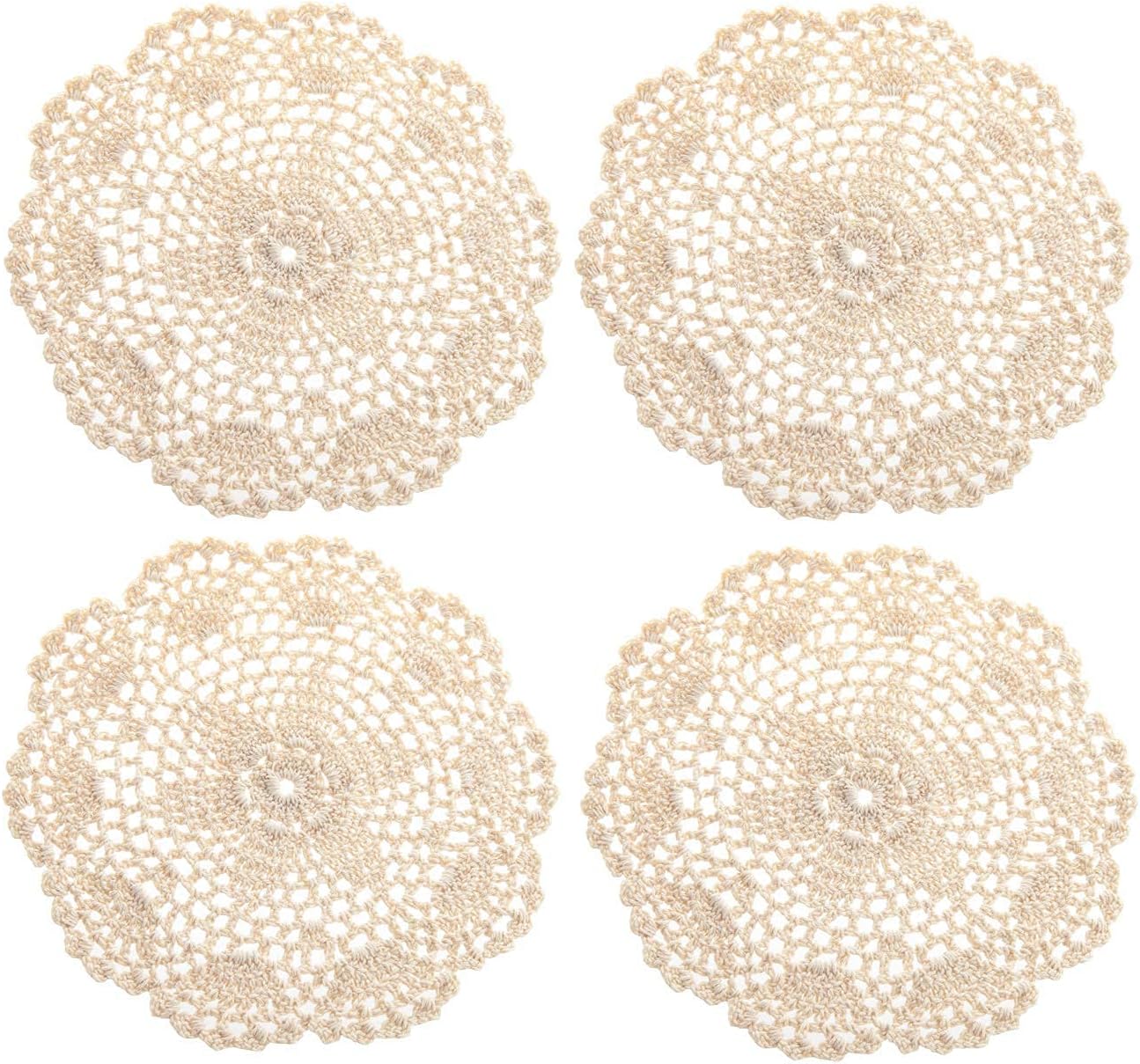 Eiyye Round Coaster 4-Pieces Handmade Crochet Small Cotton Doilies Lace Table Hollow Placemats 8-Inch (Beige)
