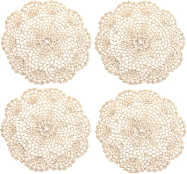 EiYYA Handmade Cotton Crochet Doilies Lace Table Placemats Coasters, 8inch/20cm 4-Piece (Beige)