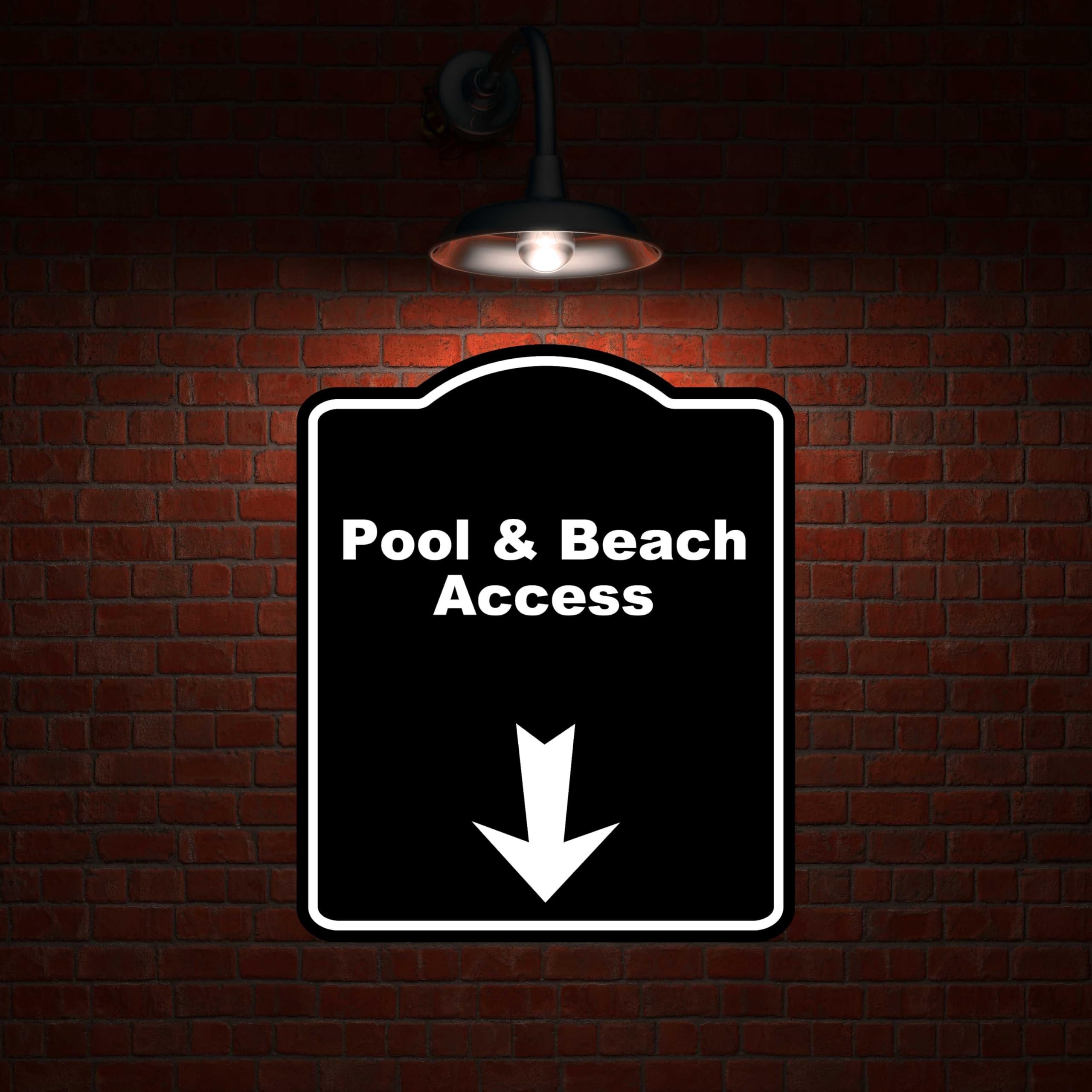 Pool & Beach Access Black Sign Arrow Down Aluminum Composite Sign 15 x 18 inches
