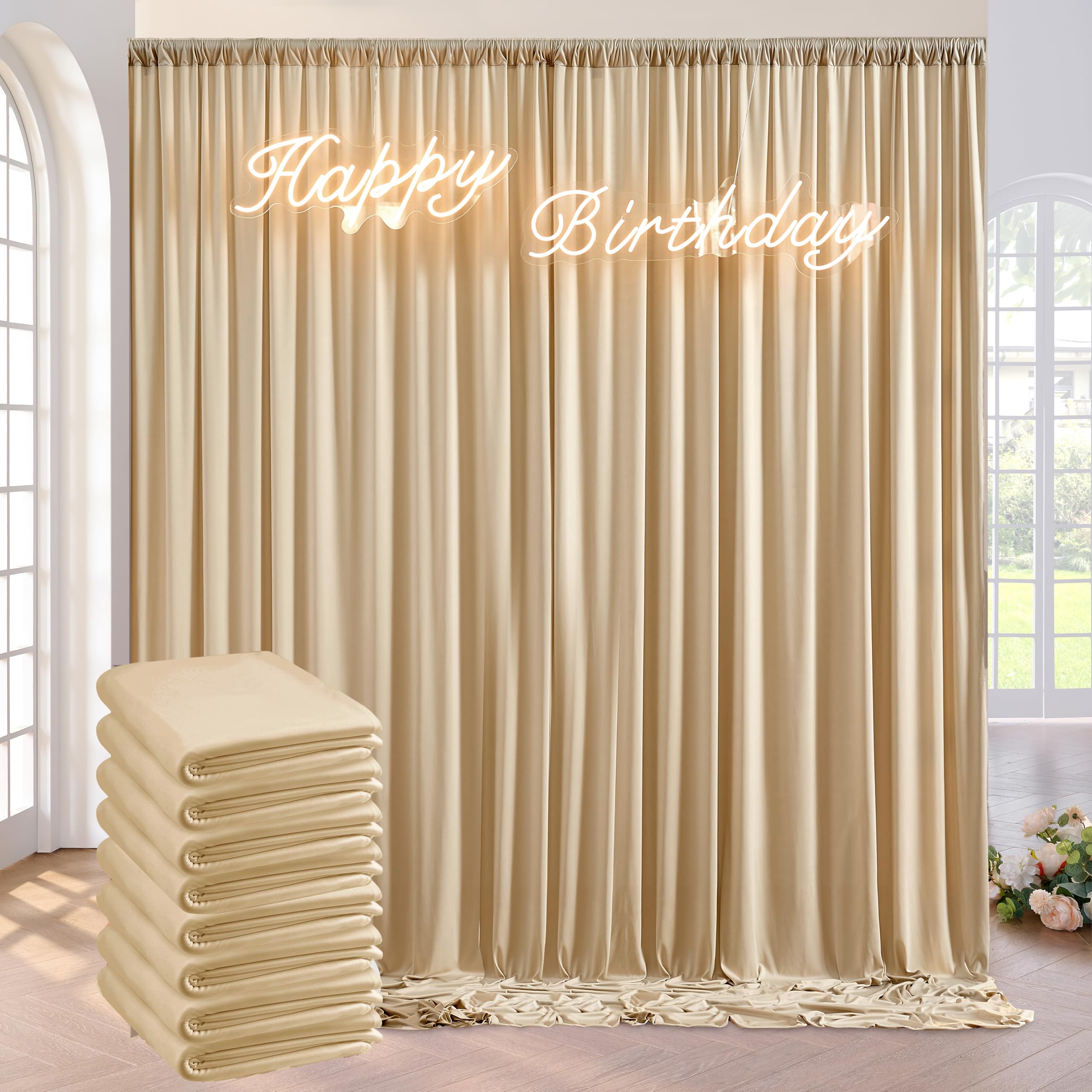 40ft x 10ft Wrinkle Free Beige Backdrop Curtains for Parties Weddings, 8 Panels 5×10ft Soft Silk Polyester Photo Backdrop Drapes for Birthday Baby