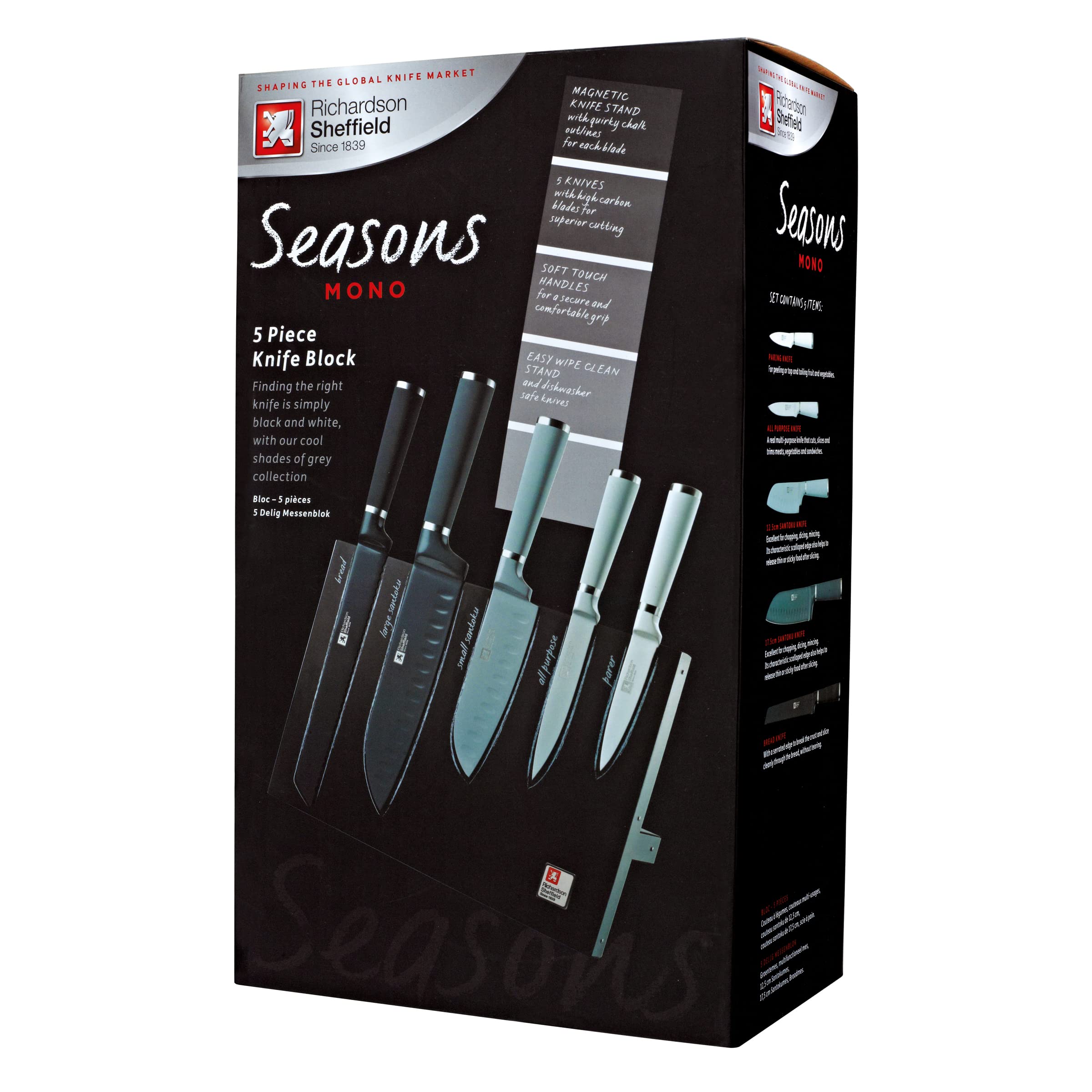 RICHARDSON SHEFFIELD Sheffield SEASONS MONO magnetyczny blok na noże, w zestawie 5-częściowy zestaw noży, nóż uniwersalny, nóż do warzyw, 2 x nóż Santoku i nóż do chleba, nadaje się do mycia w zmywarce, nierdzewny, brązowy/srebrny