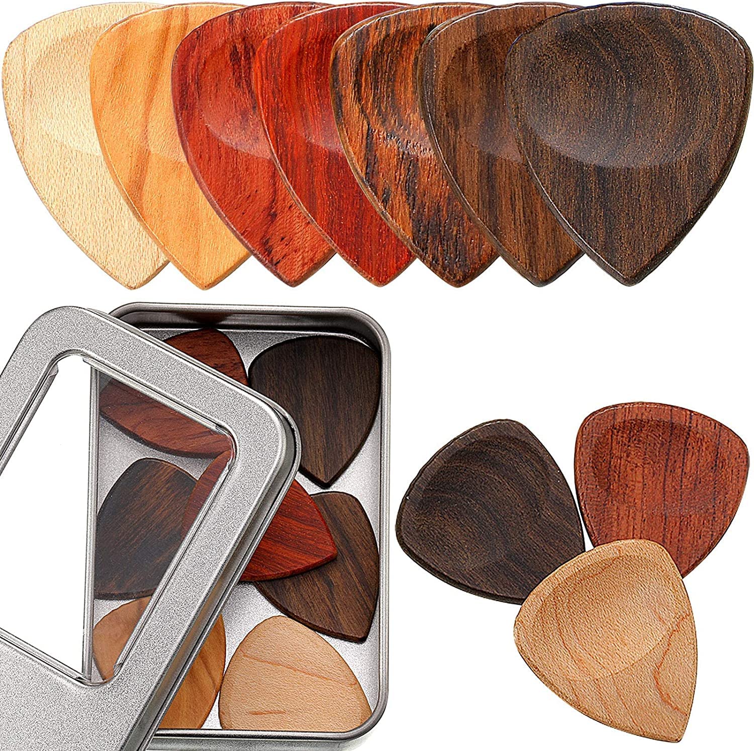 SYOSI Guitar Picks Exotic Wood Guitar Picks, 1 Guitar Picks Box Wooden Guitar Plectrums in African Red Sandalwood Olive Wood Rosewood Maple Ebony Golden Sandalwood for Guitar, 10 Pieces
