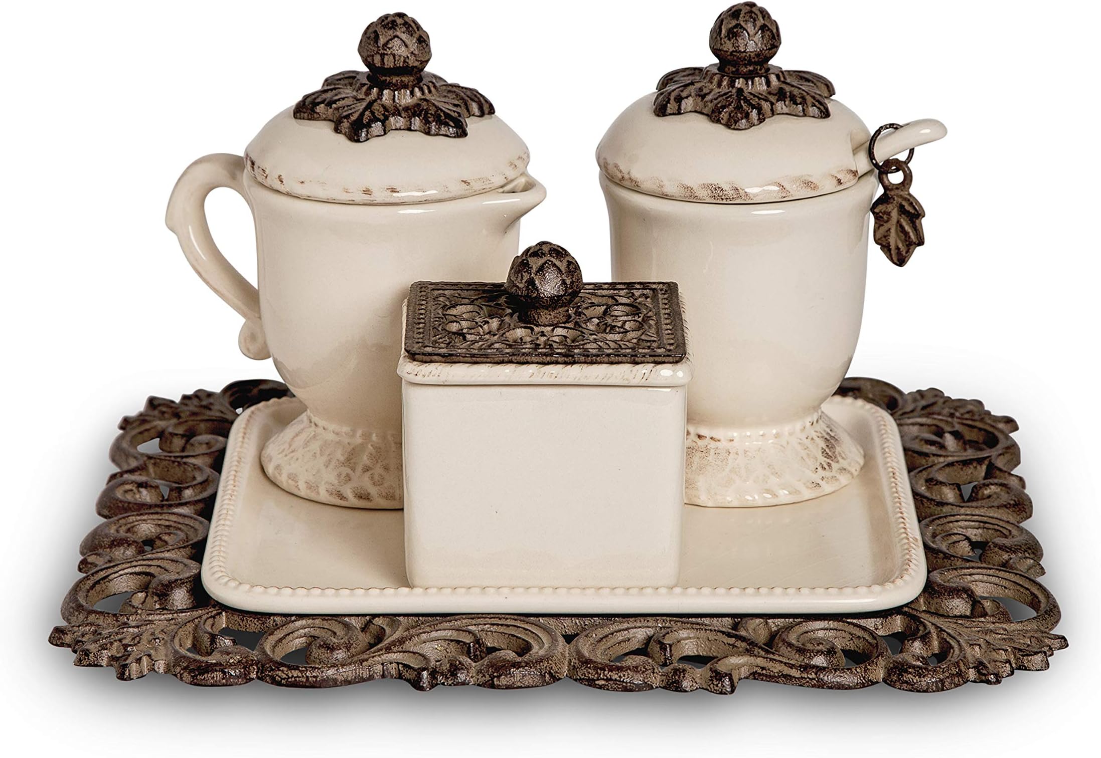 Acanthus Leaf Sugar And Creamer Set with Sweetener Box on Tea Tray (Set of 4)