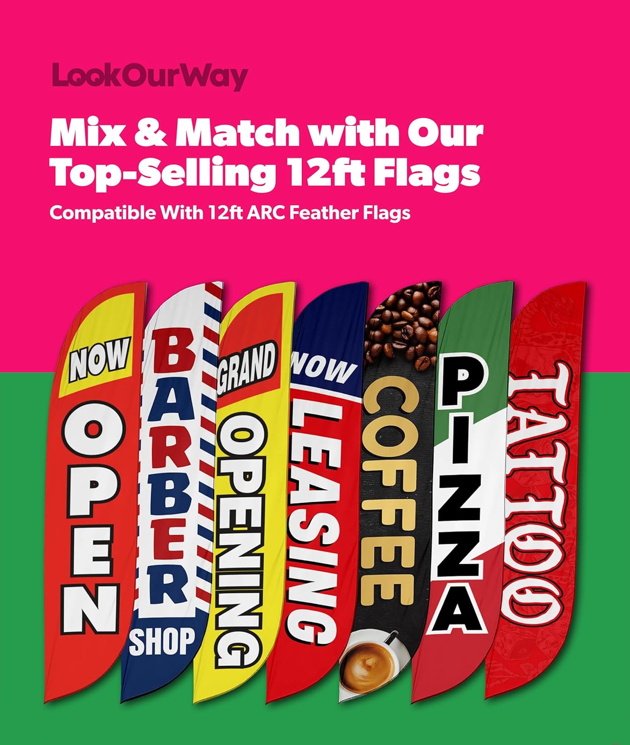 LookOurWay Feather Flag Pole Kit - 12 Feet Tall Advertising Flag Banner with Fiberglass Pole Kit and Ground Spike for Business Promotion - Auto Repair Flag - New Tires - Red & White