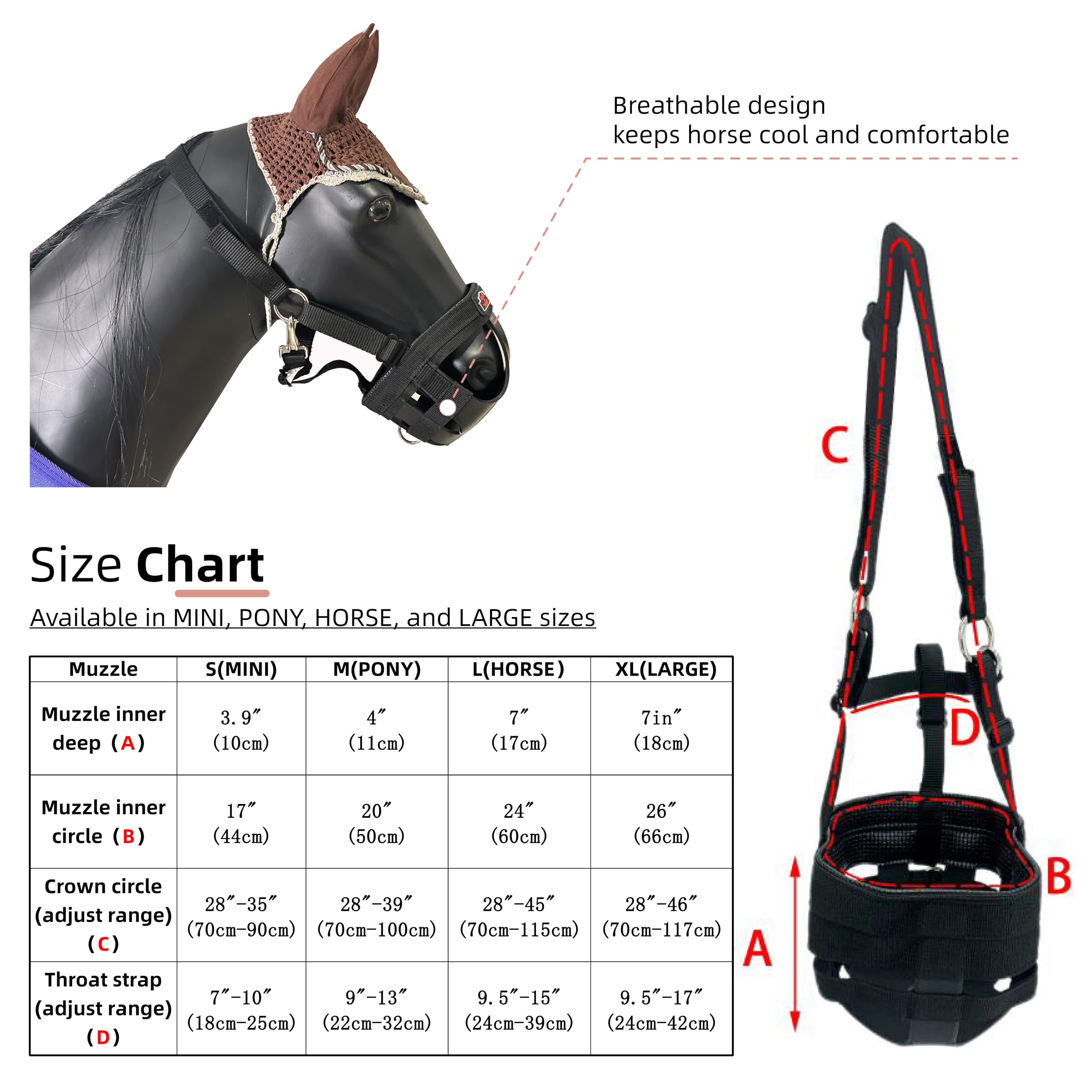 Bozal de pastoreo de caballos con cabestro para caballo, fácil respiración y cómodo, bozal profesional de pastoreo de caballos con correas ajustables, velcro y hebillas, adecuado para precaución de