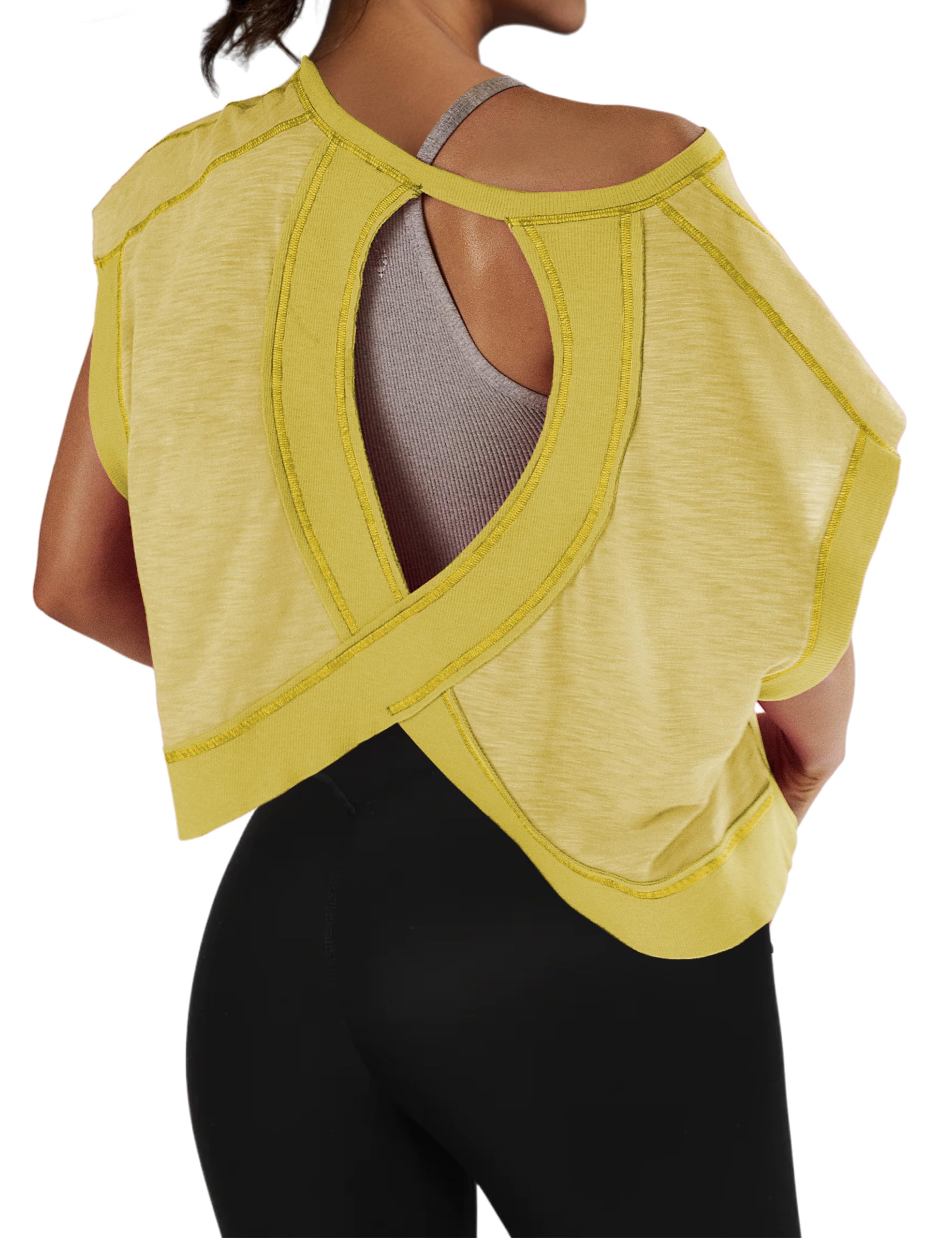 TERIVEEK Women Open Back Short Sleeve Workout T Shirts Casual Loose Gym Running Yoga Shirt Athletic Tee Activewear Crop Tops