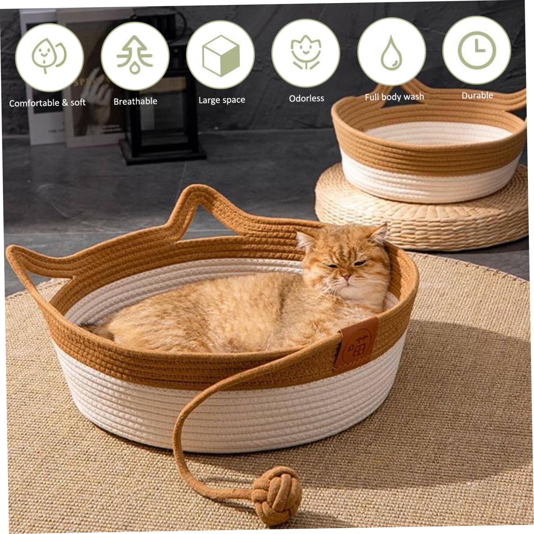 Letto Per Gatti In Vimini Con Giocattolo | Cesto Pieghevole In Cotone, Traspirante E Graffiabile - Foto 10