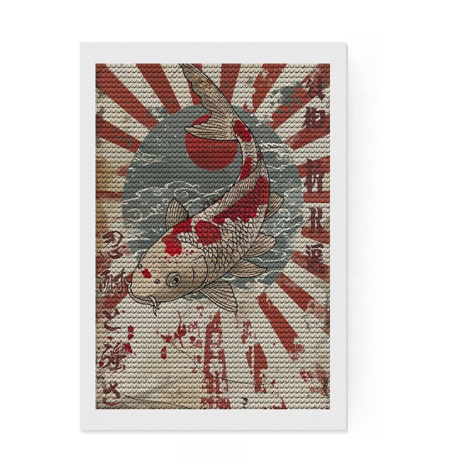 Junmoney Japanese Rising Sun Koi Diamond Painting Set 8"x12", Adhesive Canvas, Finish and Display, Office Decor, Birthday Gift, Sparkling Round Gems
