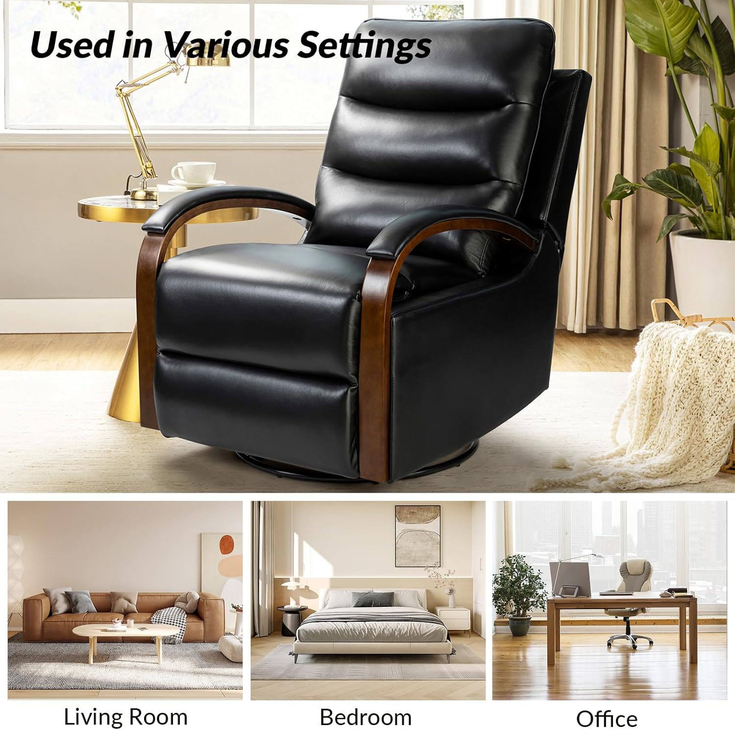 HULALA HOME Genuine Leather Recliner Chair, Rocking Swivel Recliner Sofa, Manual Glider Recliner Chair with Adjustable Backrest & Footrest, Black