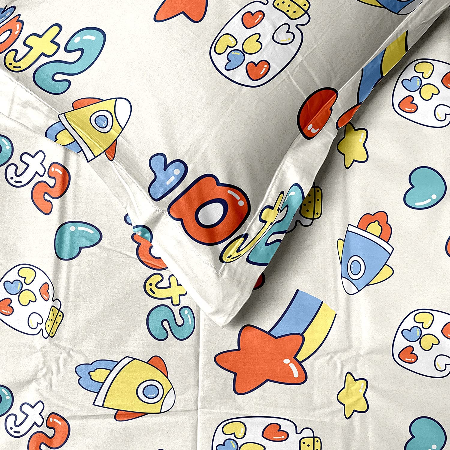 VJK FAB Queen Size Kids Bedsheet Star/Heart Cartoon Design Bedsheet for Double Kids Room, 90x100 Inches Size with 2 XL Size Pillow Covers, Cream Color