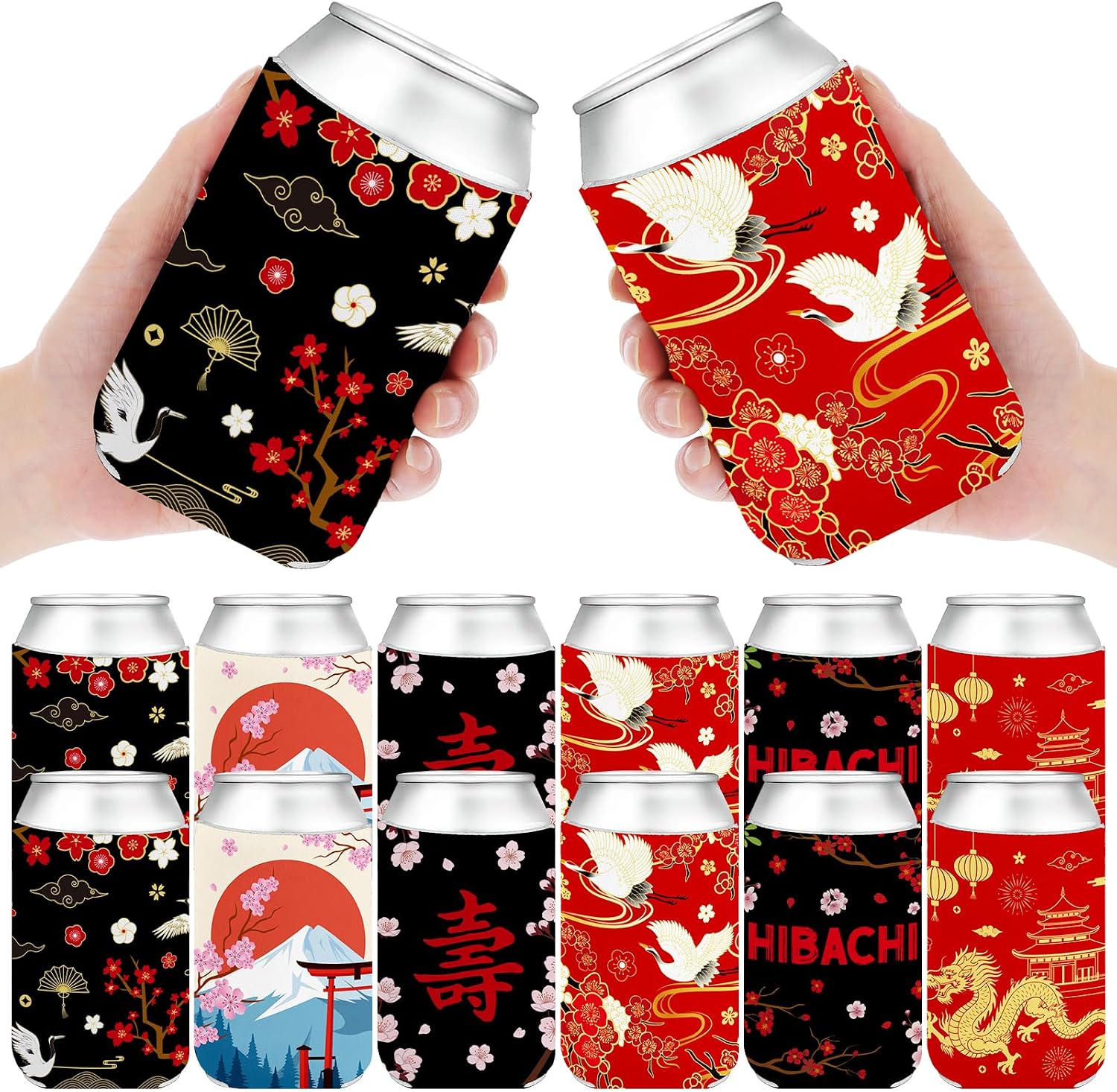 12Pcs Hibachi Party Decorations Hibachi Party Can Cooler Sleeves Neoprene Summer Drink Holder with Oriental Japanese Chinese Pattern BBQ Beverage Beer Bottle Insulators for Japanese Party Supplies