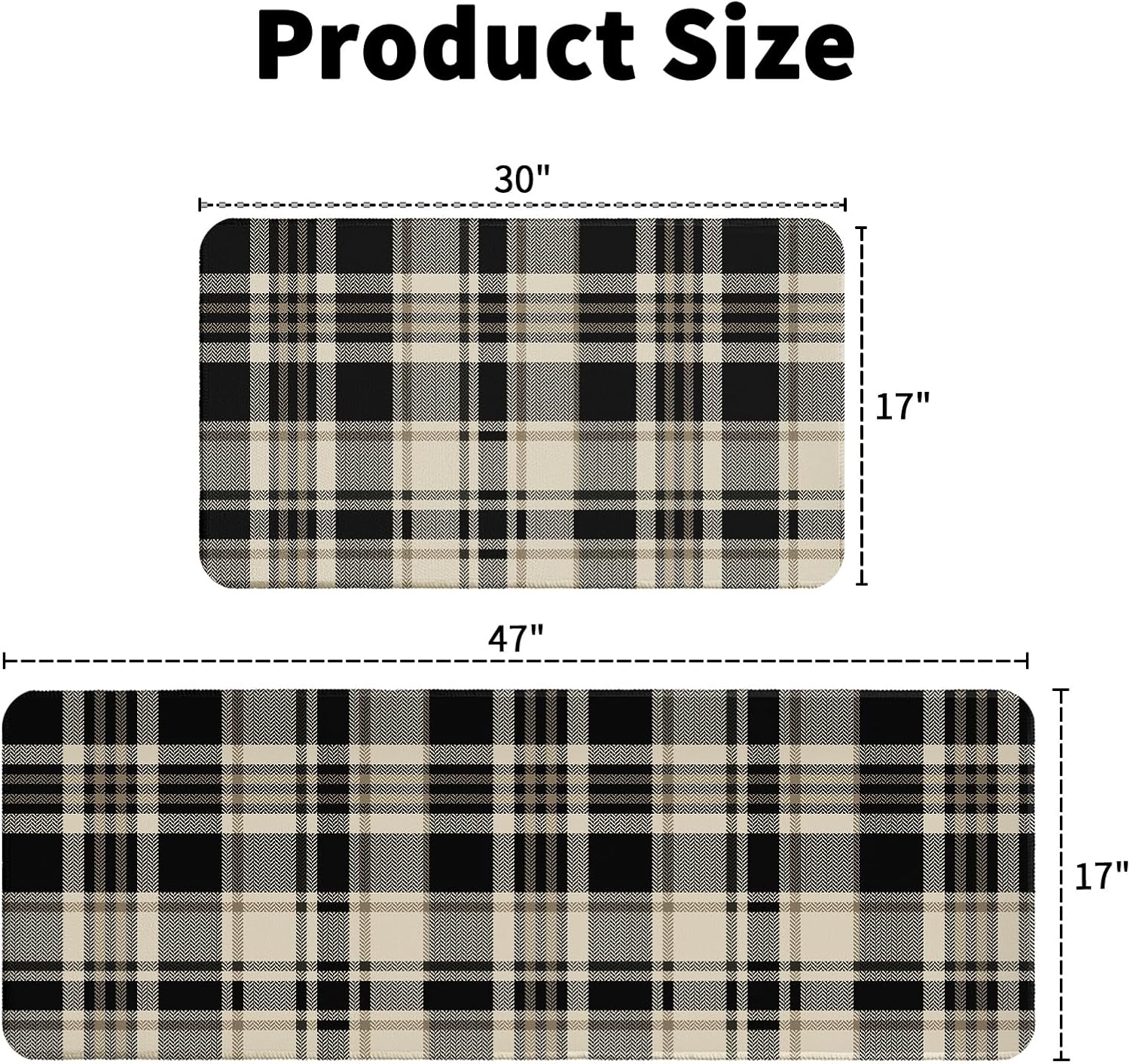 Black Buffalo Plaid Kitchen Rugs Set of 2 Checkered Print Modern Gingham Kitchen Mats for Floor Non Slip Neutral Farmhouse Kitchen Decor Runner Rugs, 17x47 inch and 17x30 inch