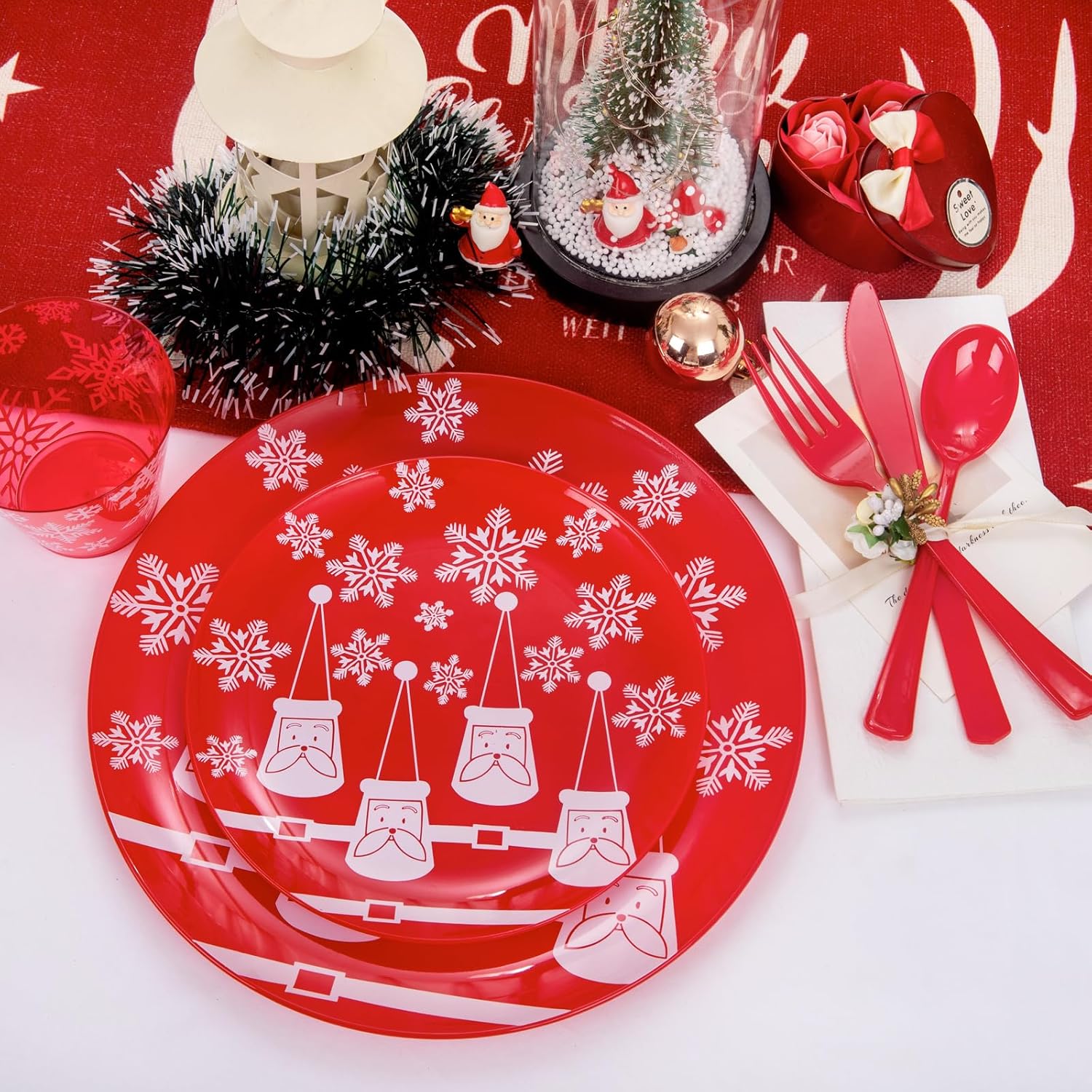 KIRE 150PCS Christmas Plastic Plates Dinnerware - Santa Claus Christmas Plates with Red Silverware include 25Dinner Plates 25Salad Plates 25Forks 25Knives 25Spoons 25Cups