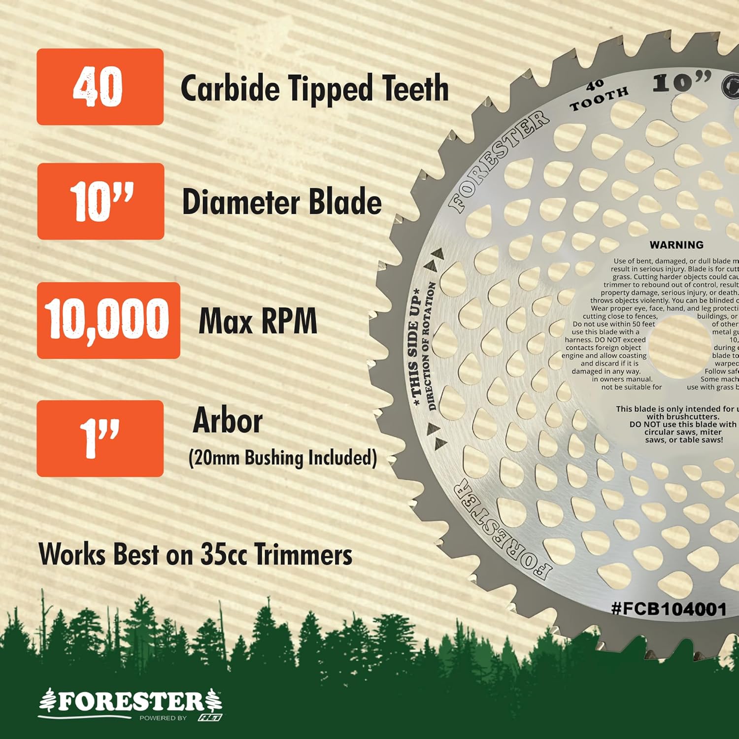 Forester Lightweight Carbide Tip Brush Cutter Blade - 10in x 40 Teeth | Fits Most Straight Shaft Trimmers | Conversion Kit Sold Separately - Teardrop Vented