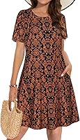 elescat Women's Casual Floral Sundress with Pockets - Short Sleeve Summer T-Shirt Beach Cover Up