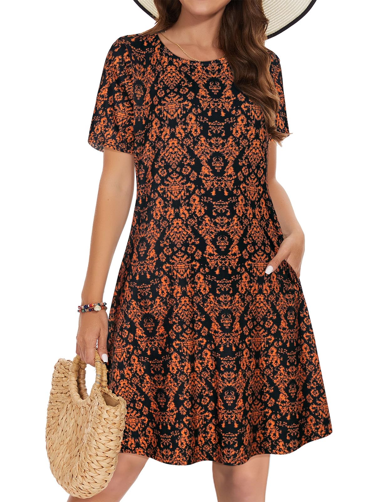 Summer Dresses for Women Casual Tshirt Short Sleeve Floral Sundress Beach Cover Ups with Pockets