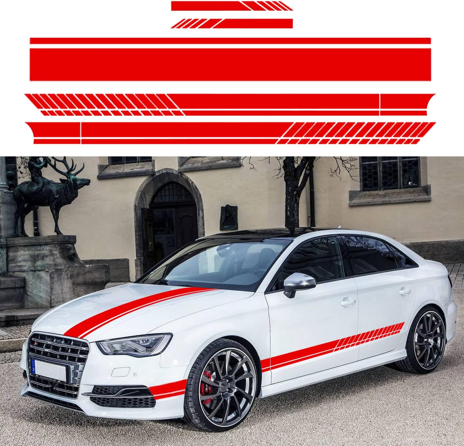 レーシングサイドストライプステッカー、ビニールカーフードデカール、車のサイドグラフィック(レッド)